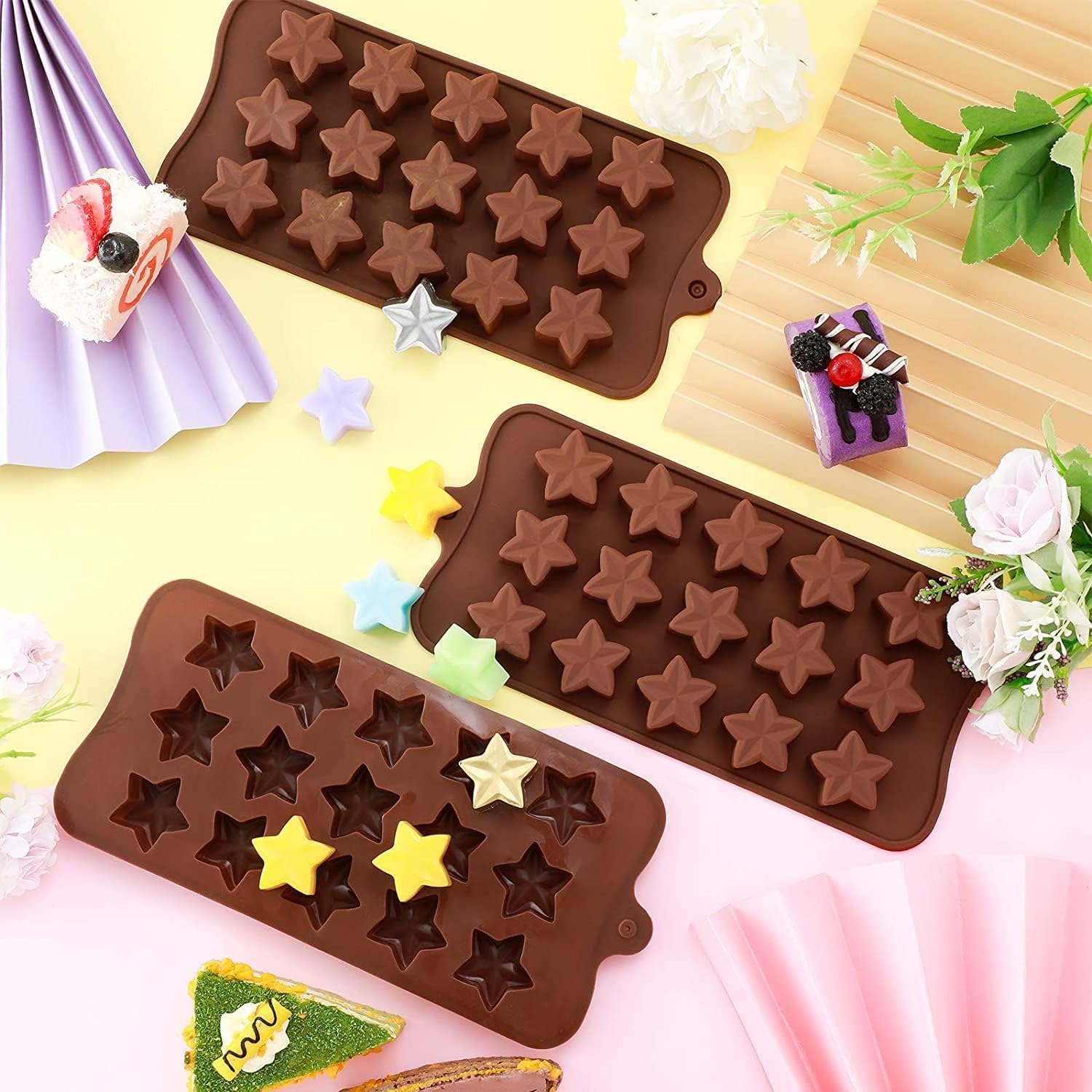 Molde de silicona con forma de estrella, molde antiadherente para chocolate, 2 unidades, 15 cavidades para dulces, postres, gelatina, cubitos de