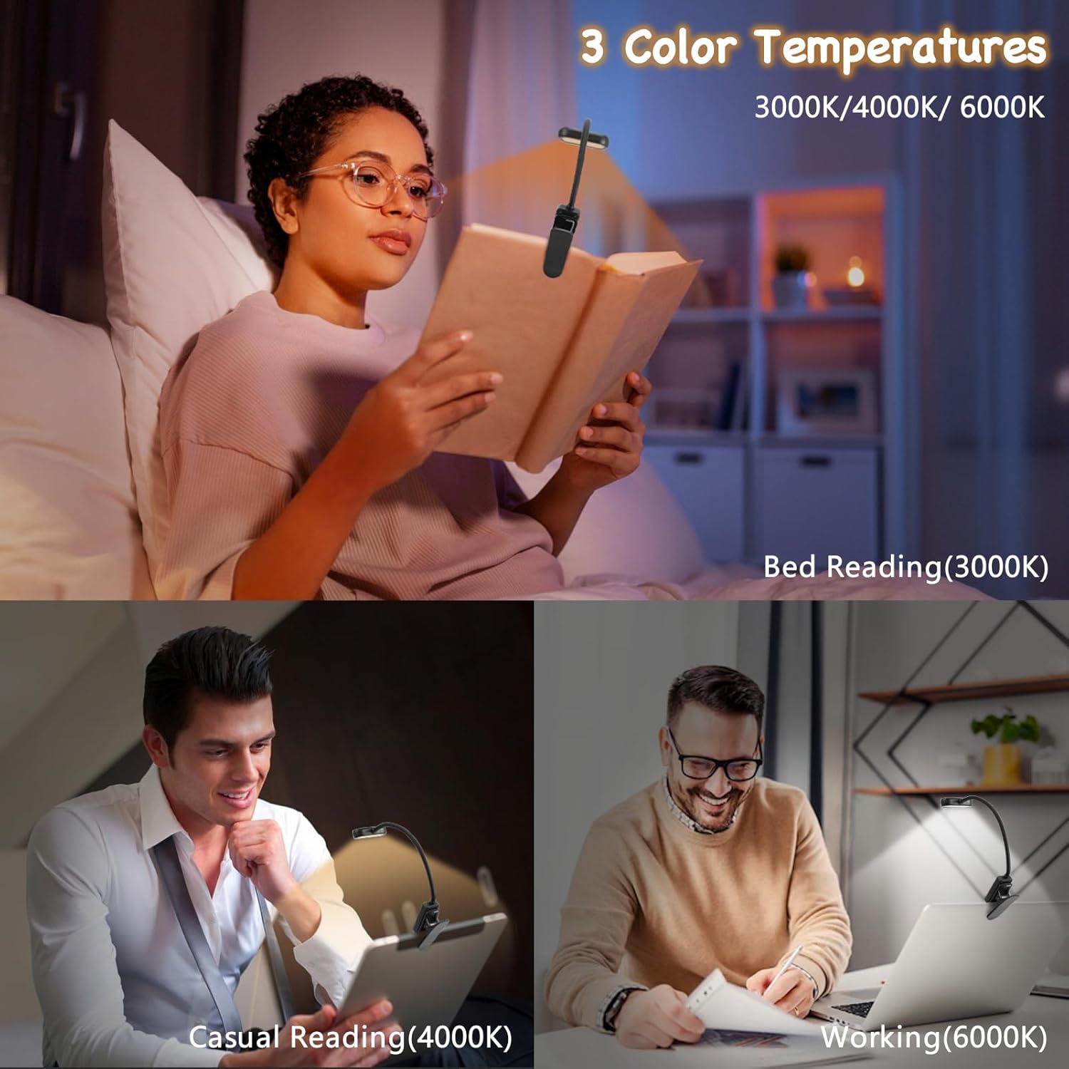 Luz de libro para leer en la cama, luz de lectura LED recargable, pequeña luz ligera de lectura de libros, 3 colores y 5 brillo, luz de lectura para