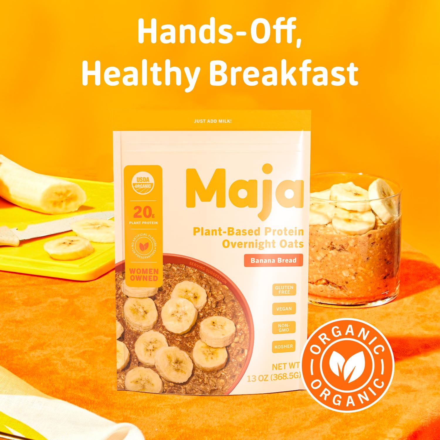 Maja Avena proteica orgánica a base de plantas  Pan de plátano avena durante la noche, 5 porciones (2.40 oz) Vegana, avena sin gluten, deliciosa
