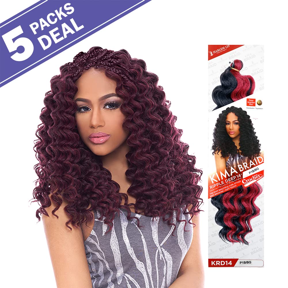 Harlem 125 Trenzas de pelo sintético Kima Braid Ripple Deep 14 pulgadas (paquete de 5, 1B)