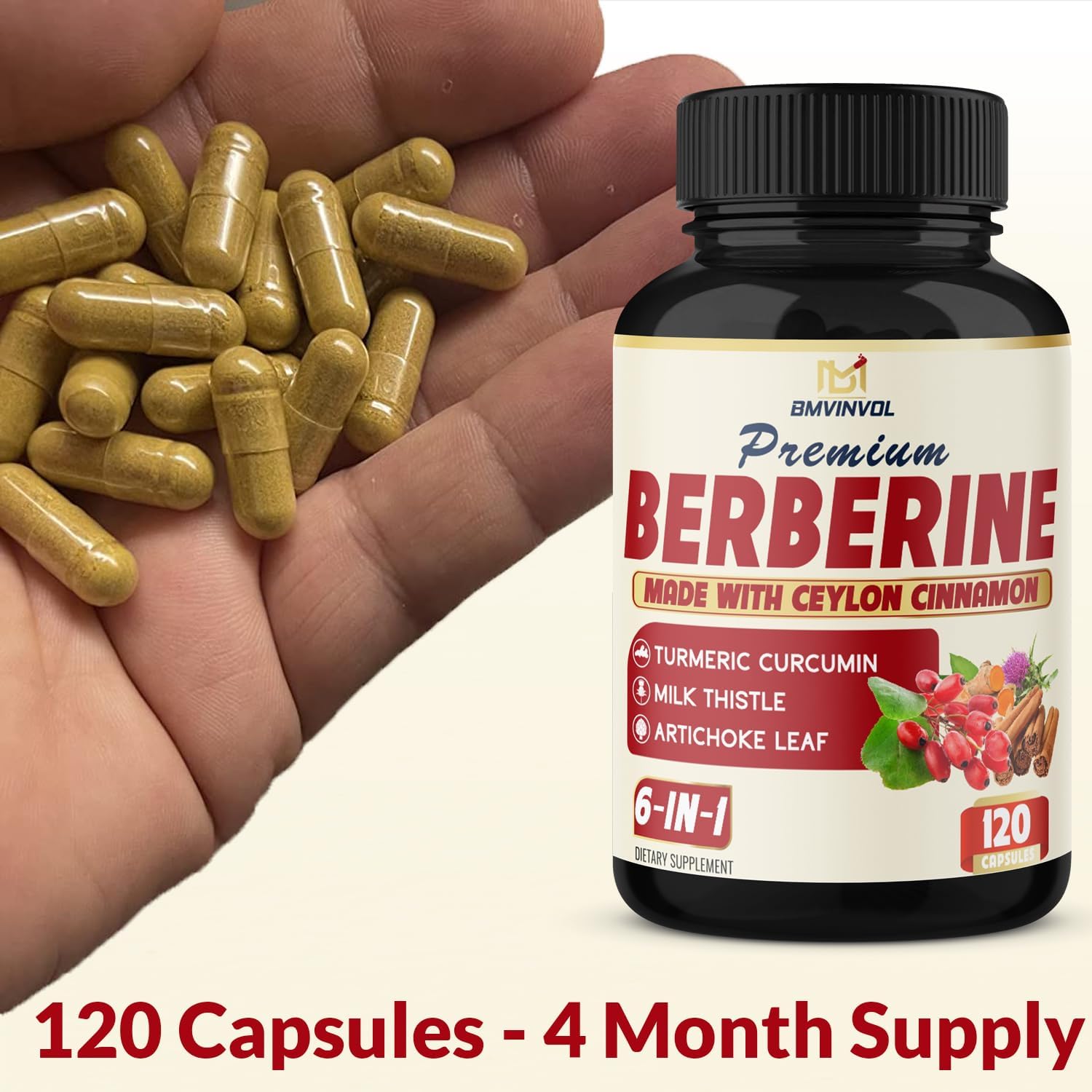 BMVINVOL Berberina HCl 6 en 1 equivalente a 6100 mg – 120 cápsulas – Más canela de Ceilán, cardo mariano, cúrcuma, alcachofa – Suplementos de raíz