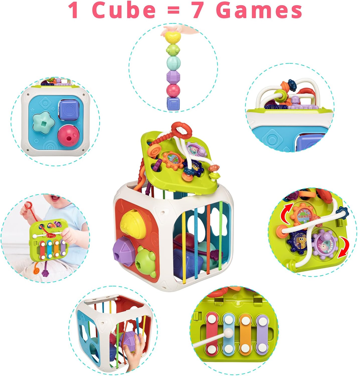 Juguetes Montessori para niños pequeños de 1 año, cubo de actividades 7 en 1, juguete clasificador de formas, juguetes de aprendizaje para el