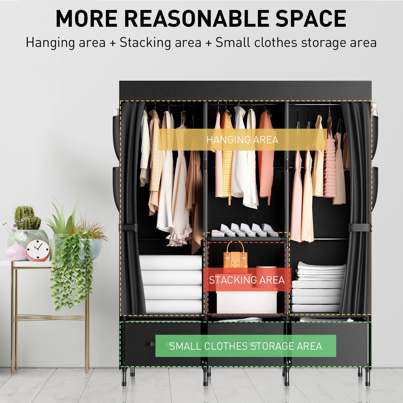 LOEFME Armario portátil, armario para colgar ropa con 3 cajones y varillas para colgar, armarios portátiles de 47 x 15.7 x 67 pulgadas para