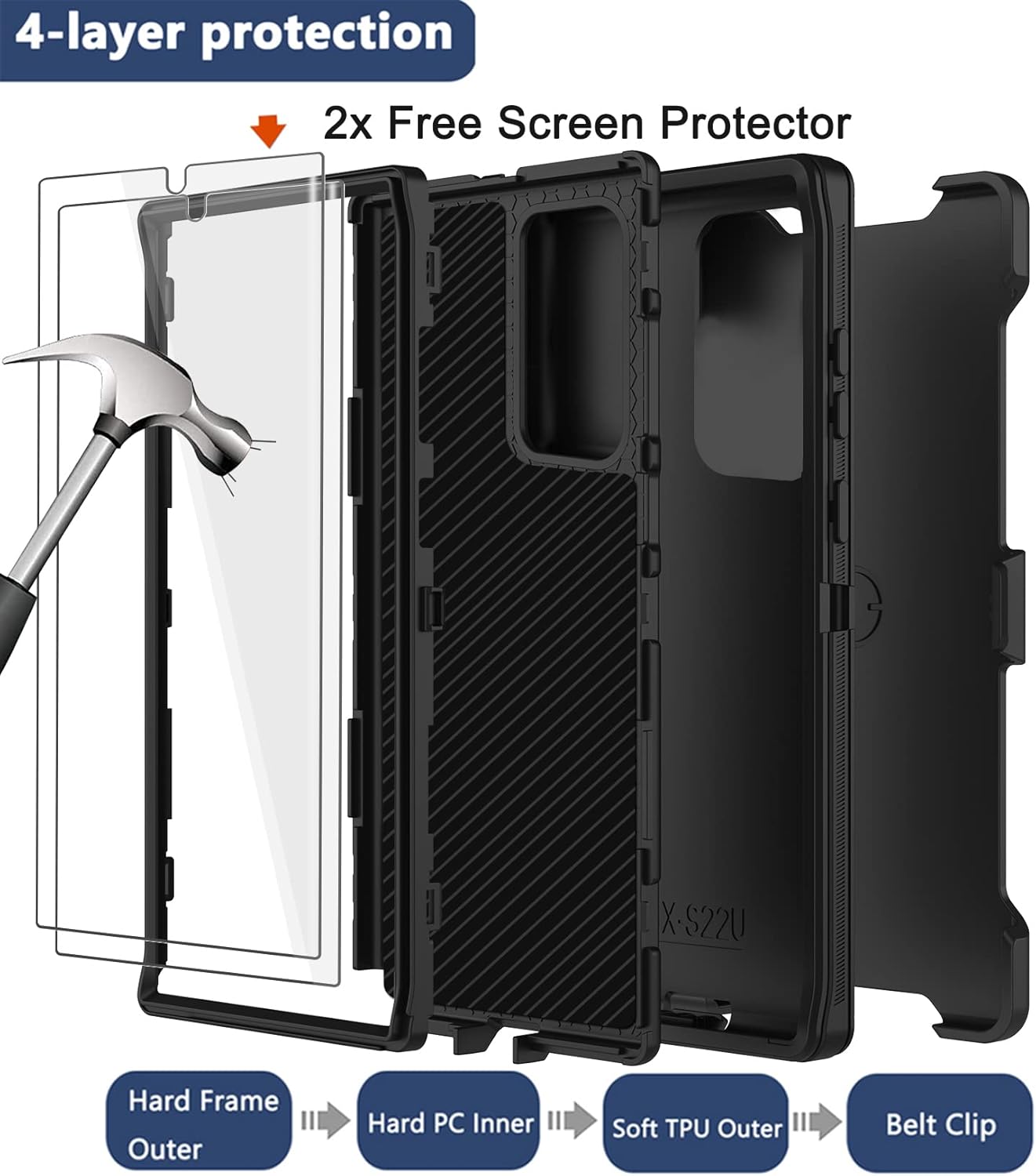Funda para Galaxy Note 20 Ultra con funda de clip para cinturón, 2 protectores de pantalla, grado militar, cuerpo completo, resistente, a prueba de