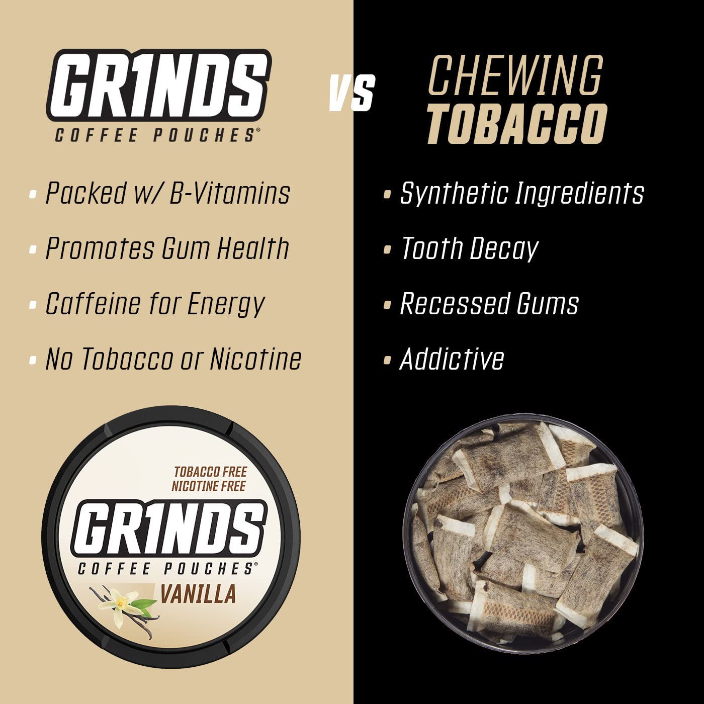 Bolsas de café Grinds  3 latas de vainilla  Sin tabaco, sin nicotina alternativa saludable  18 bolsas por lata