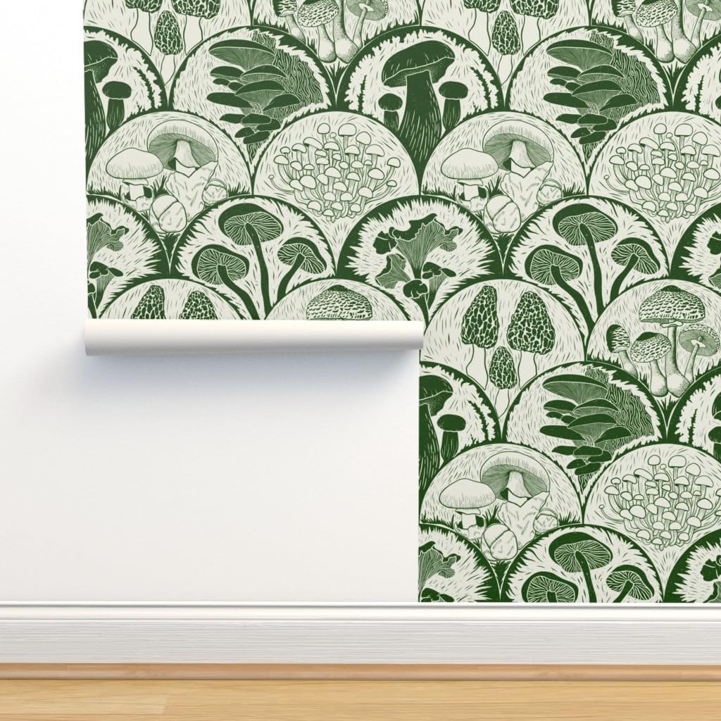 Spoonflower Papel tapiz autoadhesivo de 9 x 2 pies, diseño de hongos verdes, vieiras, bosque, hongos y hongos, estampado de bloques de hongos,