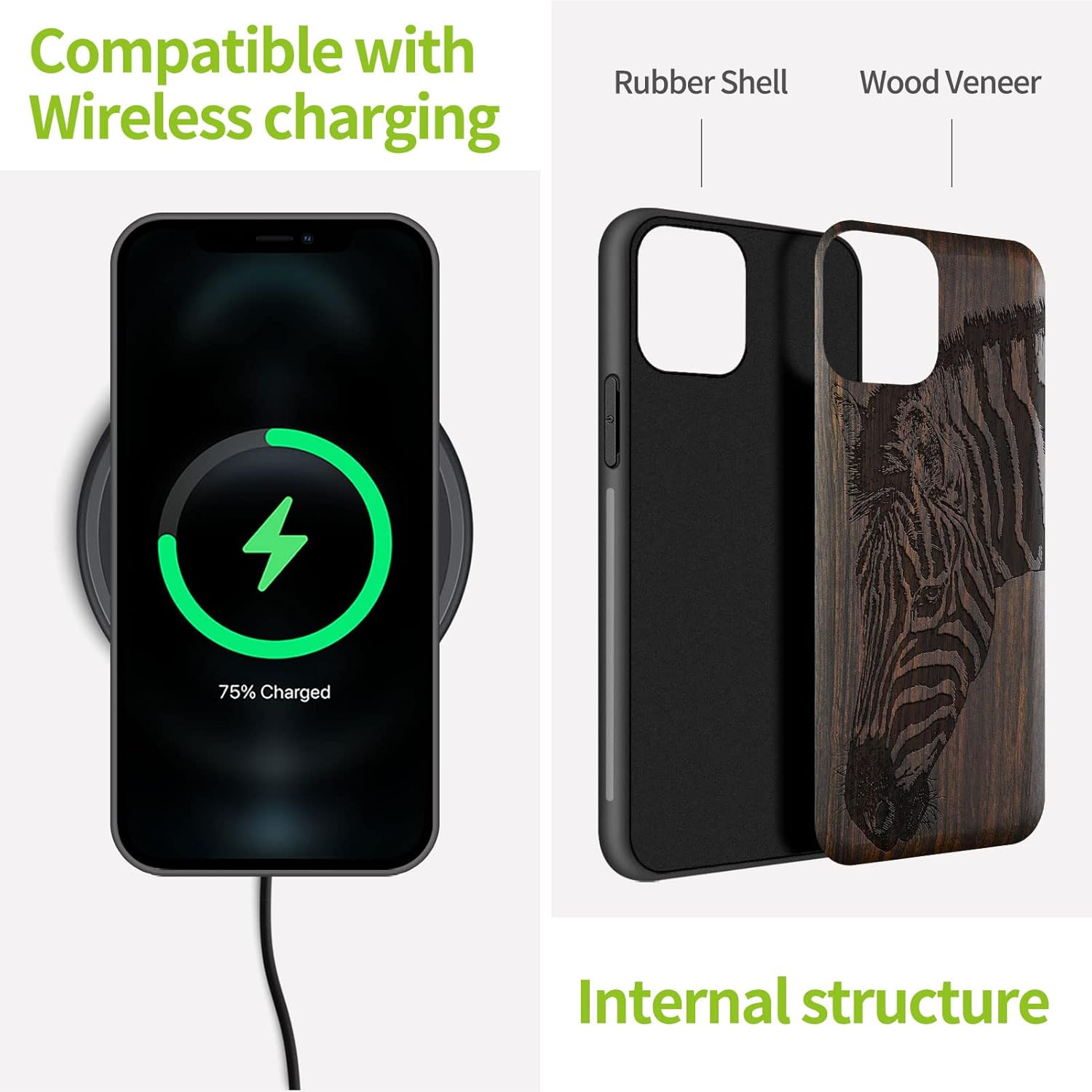 Carveit Funda de madera para iPhone 11 madera natural y TPU suave negro a prueba de golpes, funda protectora de madera única y elegante compatible