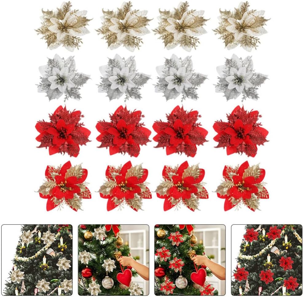 VOSAREA Decoraciones de Navidad, 24 piezas de flores de pascua de Navidad con purpurina artificial, flores en aerosol para árbol de Navidad,