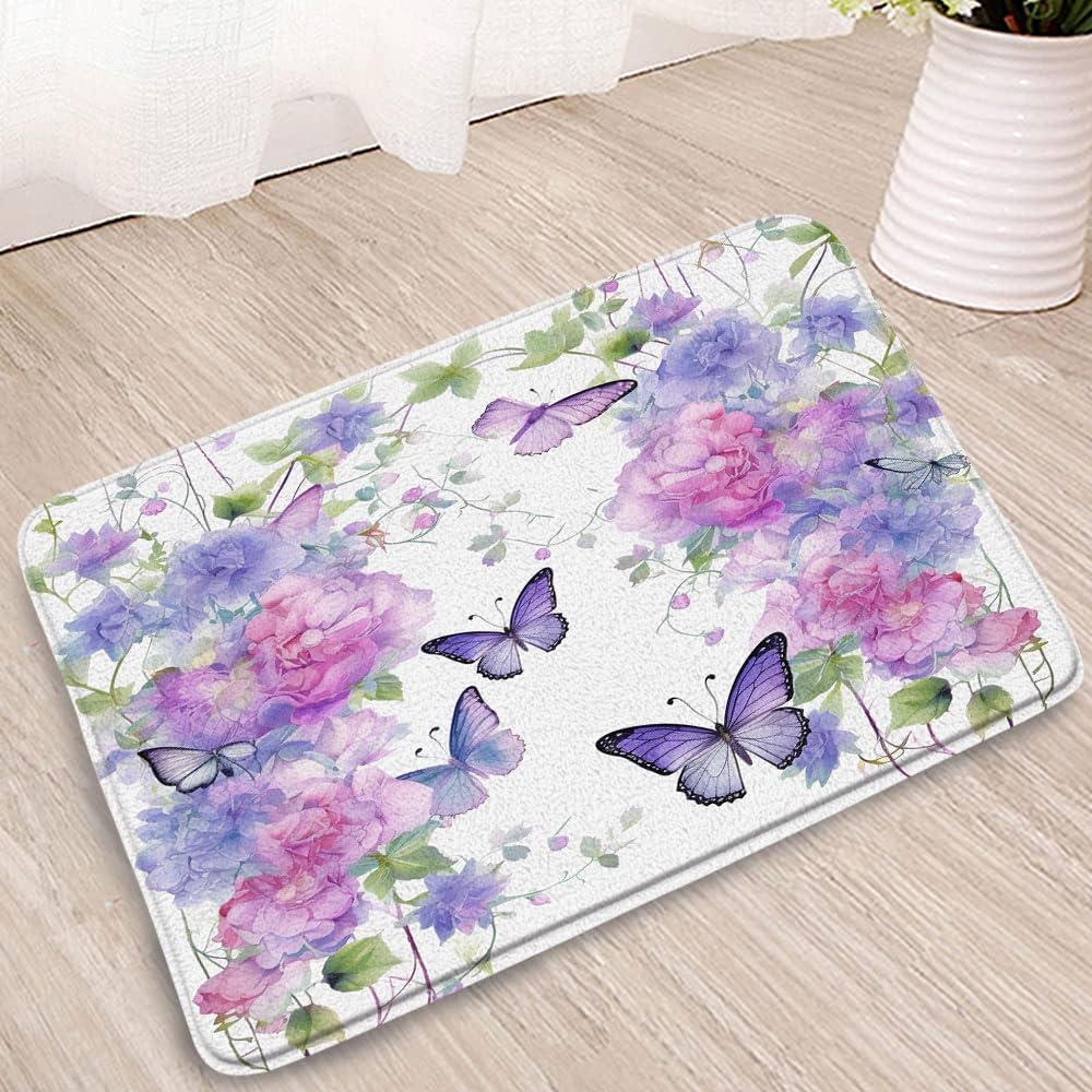 Tapete de baño de flores moradas con mariposas y lavanda, lila, rosa, floral, primavera, naturaleza, microfibra de ensueño, espuma viscoelástica,