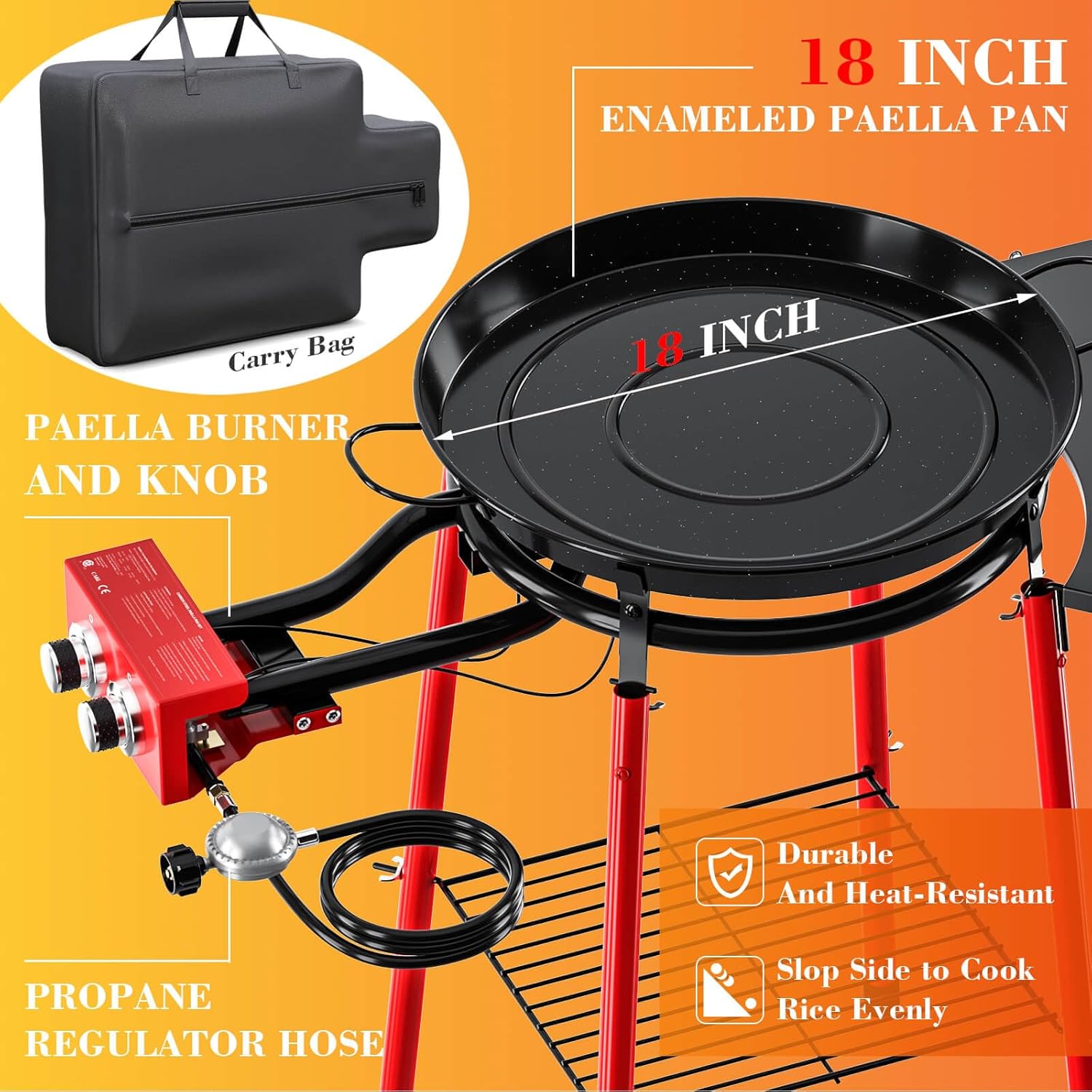 GRISUN Juego de paella con quemador de paella, paella de acero esmaltado de 18 pulgadas con estante lateral, 4 patas reforzadas con estante