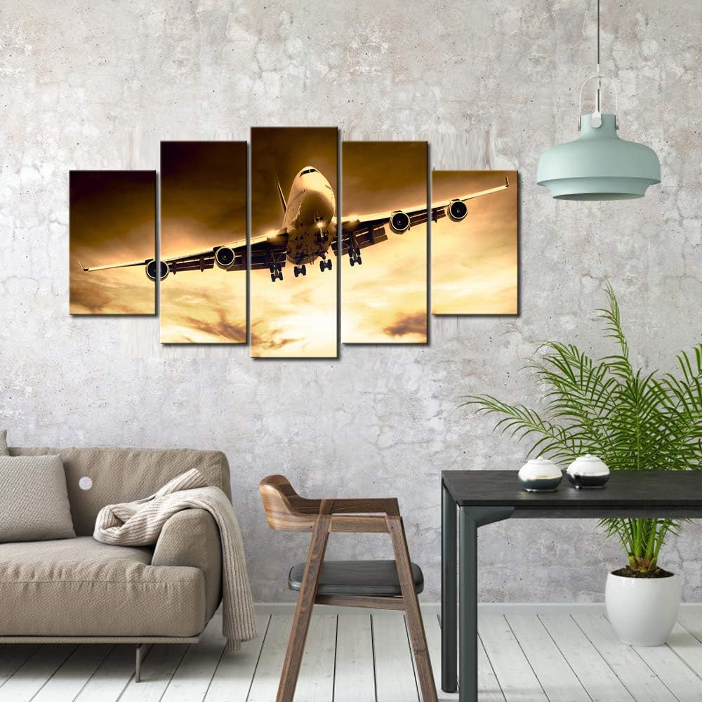 sechars Lienzo grande de 5 piezas, arte para pared, diseño de avión al atardecer, impresión en lienzo para sala de estar, dormitorio, decoración de