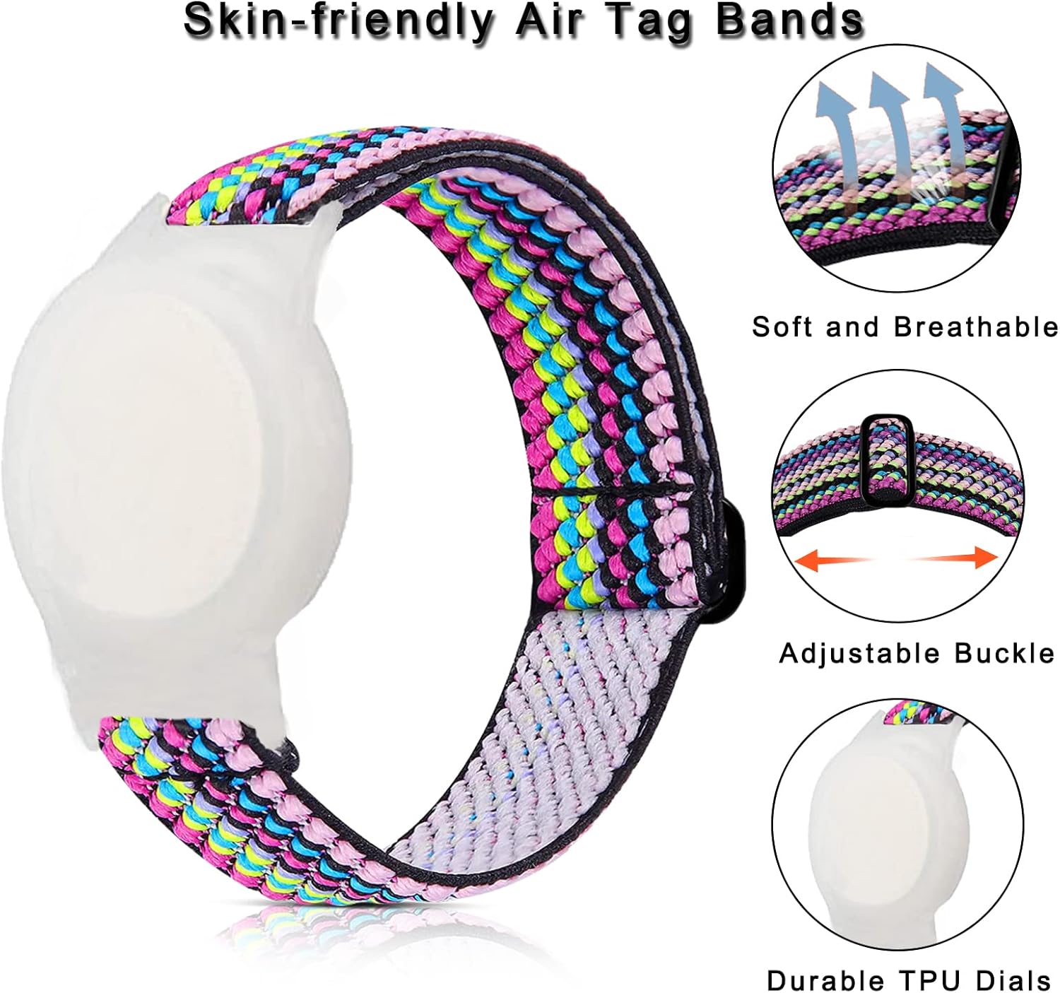 Paquete de 3 pulseras AirTag para niños, pulseras elásticas de nailon con soporte para Apple AirTag, funda protectora para rastreador GPS y AirTag