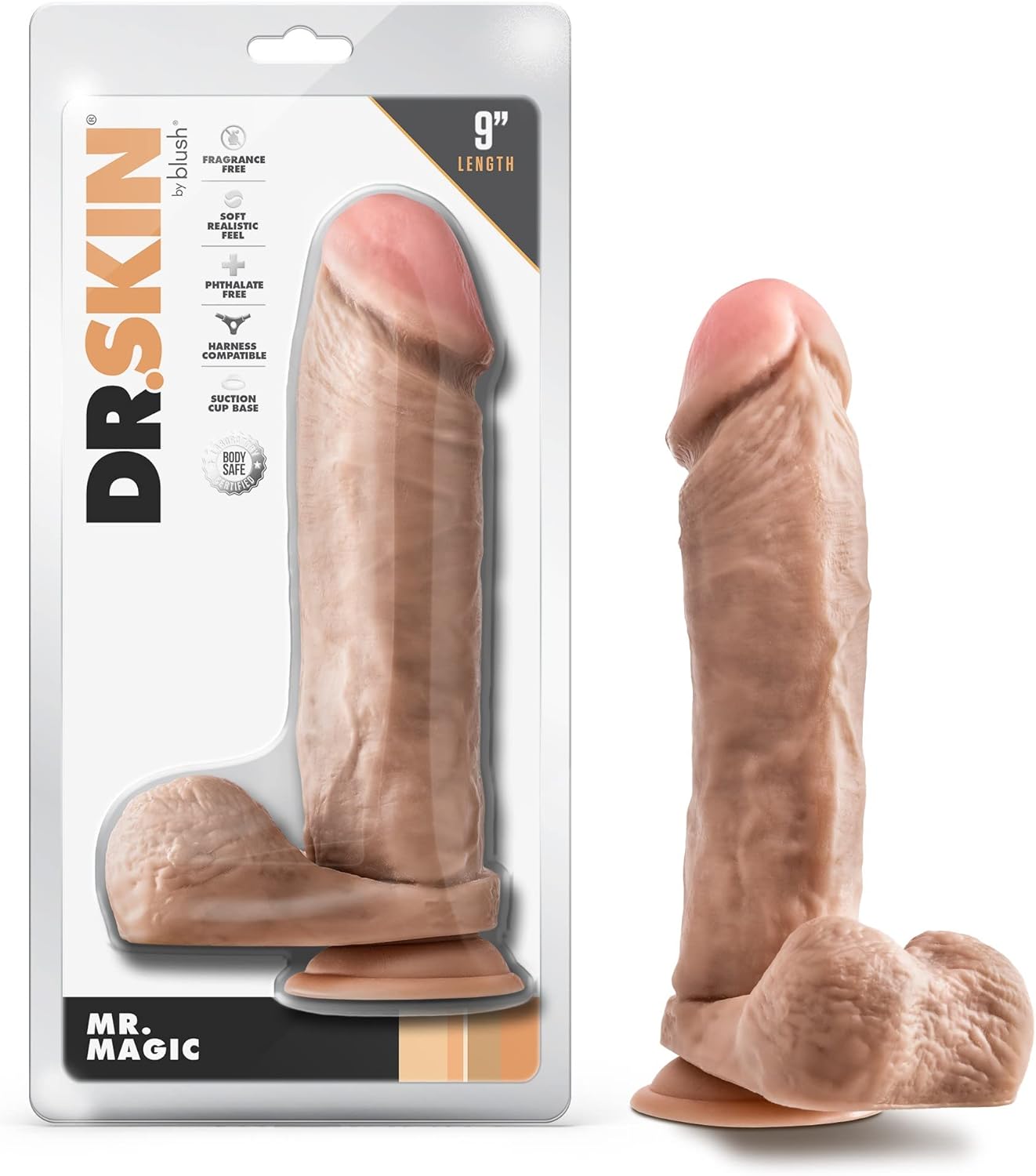 Blush Dr. Skin – Consolador realista de 9 pulgadas de largo y 2 pulgadas de grosor con base de ventosa y bolas, consolador realista suave de tacto