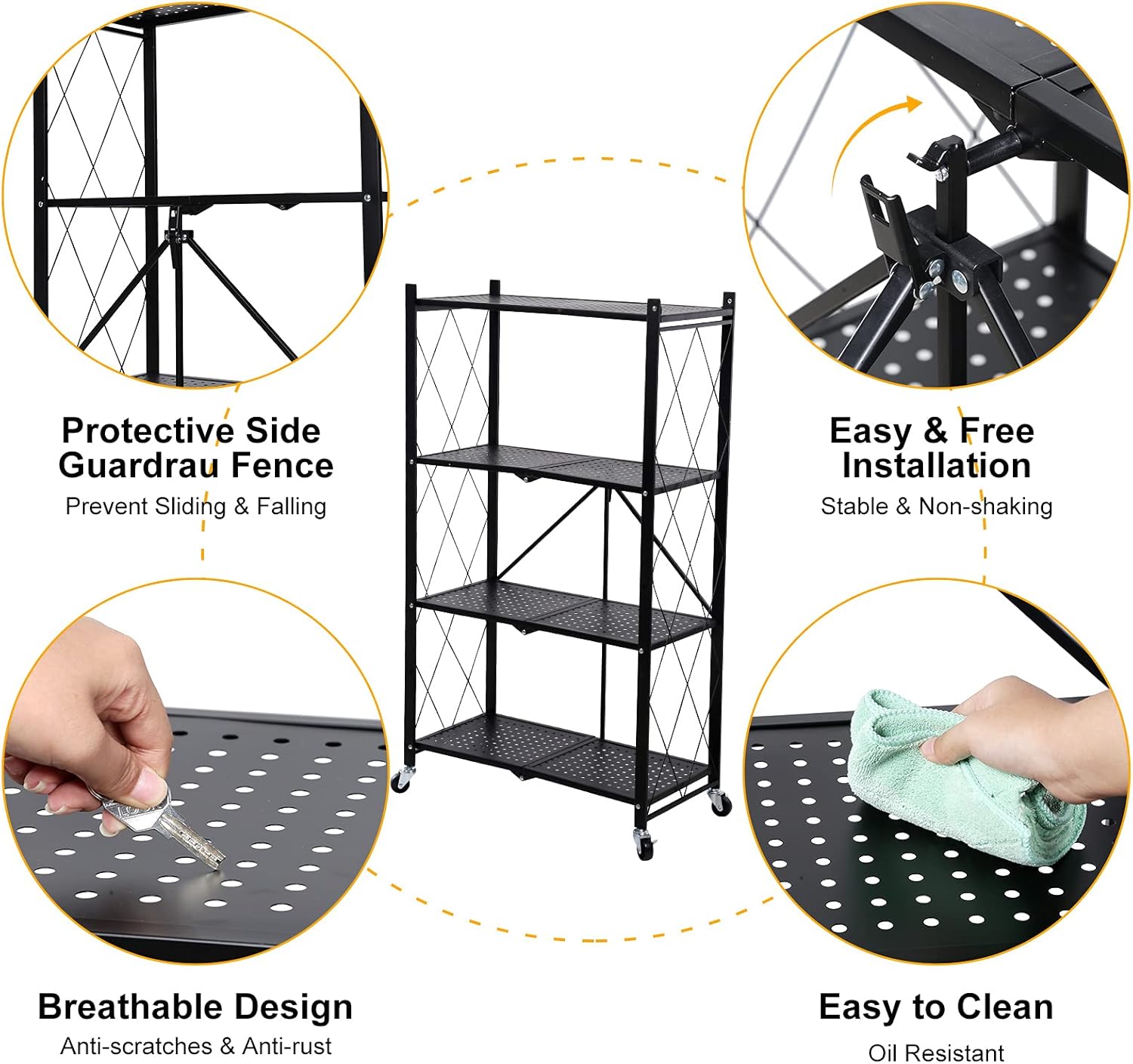 HealSmart Estantería de almacenamiento de metal plegable de 4 niveles con ruedas que se mueven fácilmente, estantes organizadores, ideales para