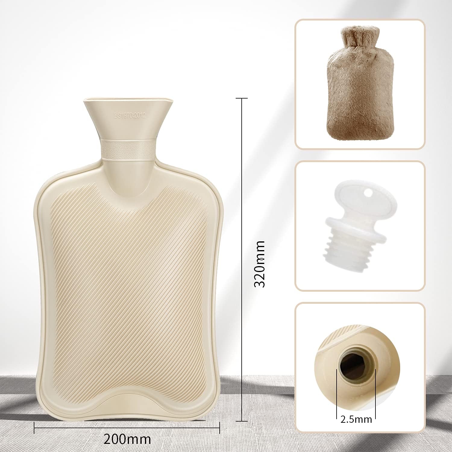 Botella de agua caliente de goma con tapa suave (2 litros), bolsa clásica de agua caliente para aliviar el dolor, calambres, cuello, dolor de