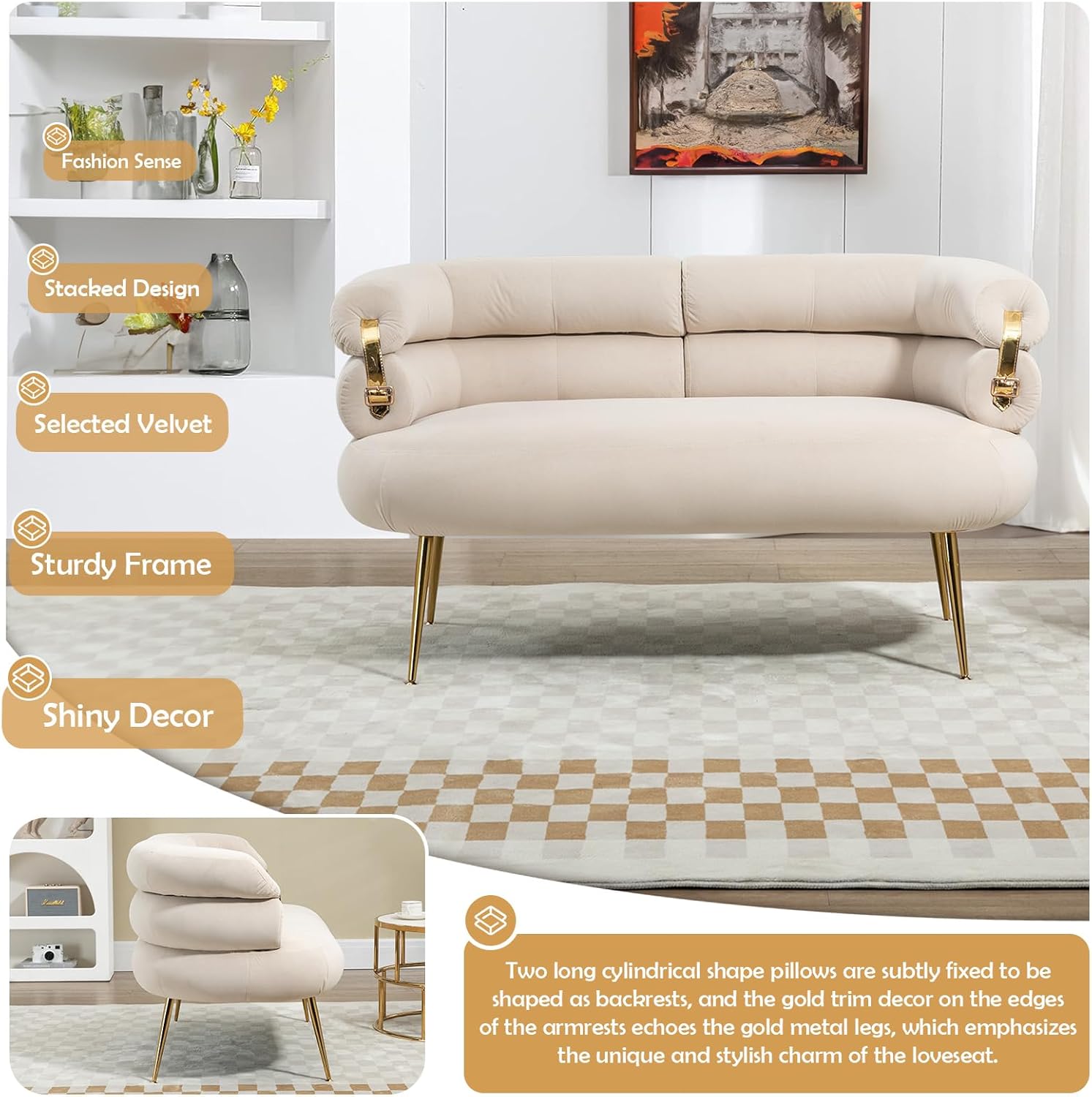 Antetek Moderno sofá biplaza de terciopelo, sillón tapizado con elegante decoración dorada, pequeño y cómodo sofá de descanso para sala de estar,