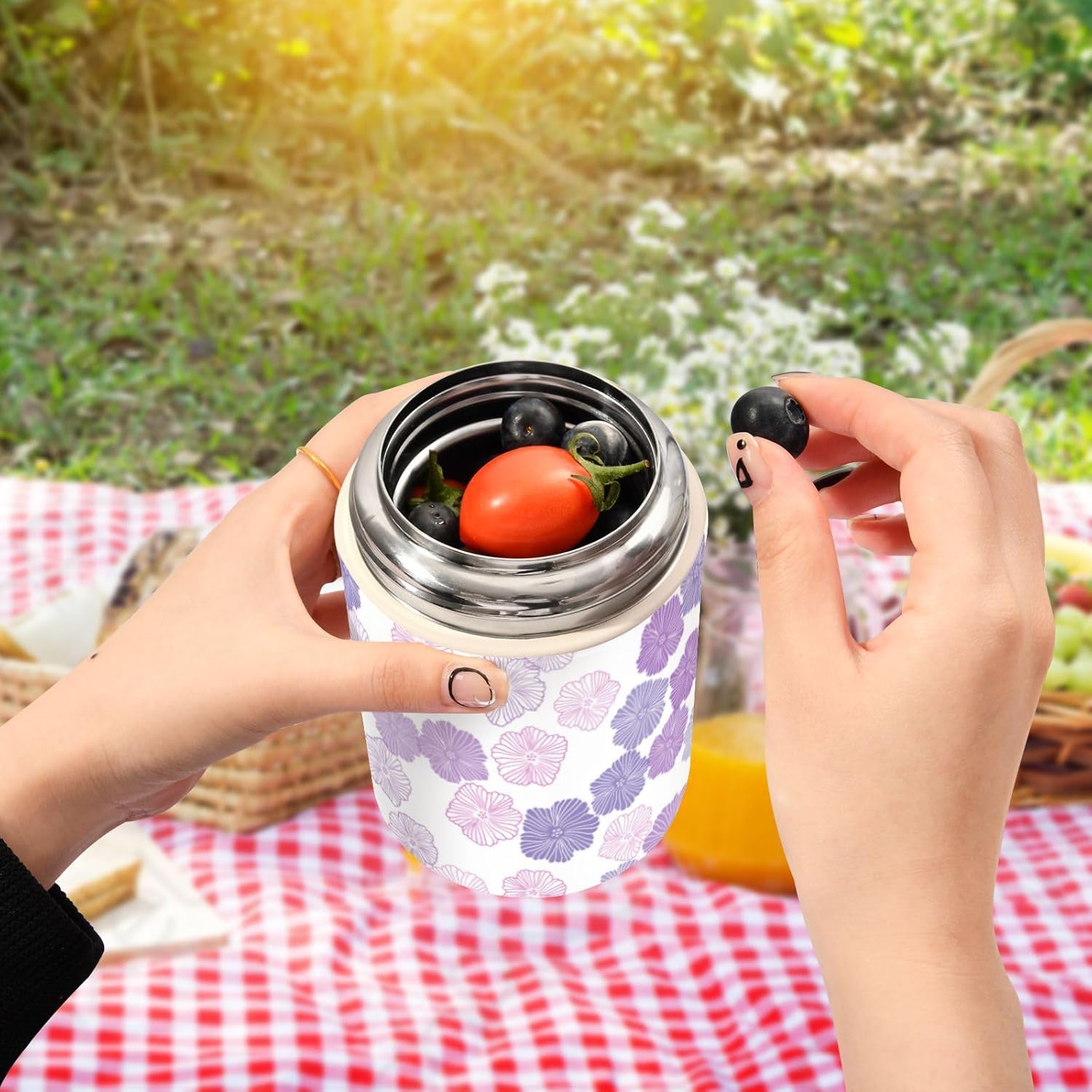 Dark Purple Pink Doodle Kids Womens Insulated Food Jar with Spoon 17oz500ml Food Jar Insulated Stainless Steel Vacuum Food Warmer Food Container for