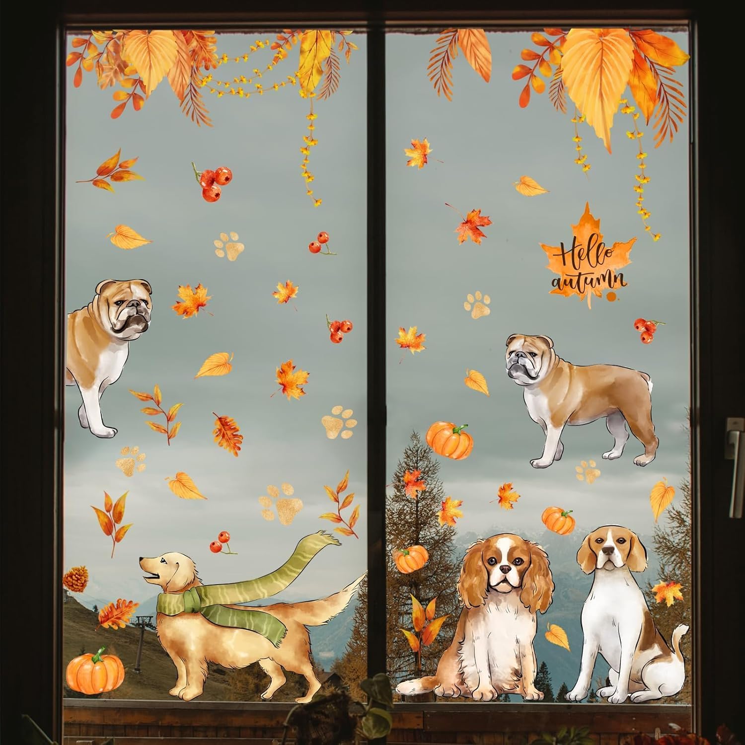 Calcomanías para ventana de otoño, Acción de Gracias, hojas de arce de otoño, hojas de arce, calcomanías de ventana de perros de cosecha de doble
