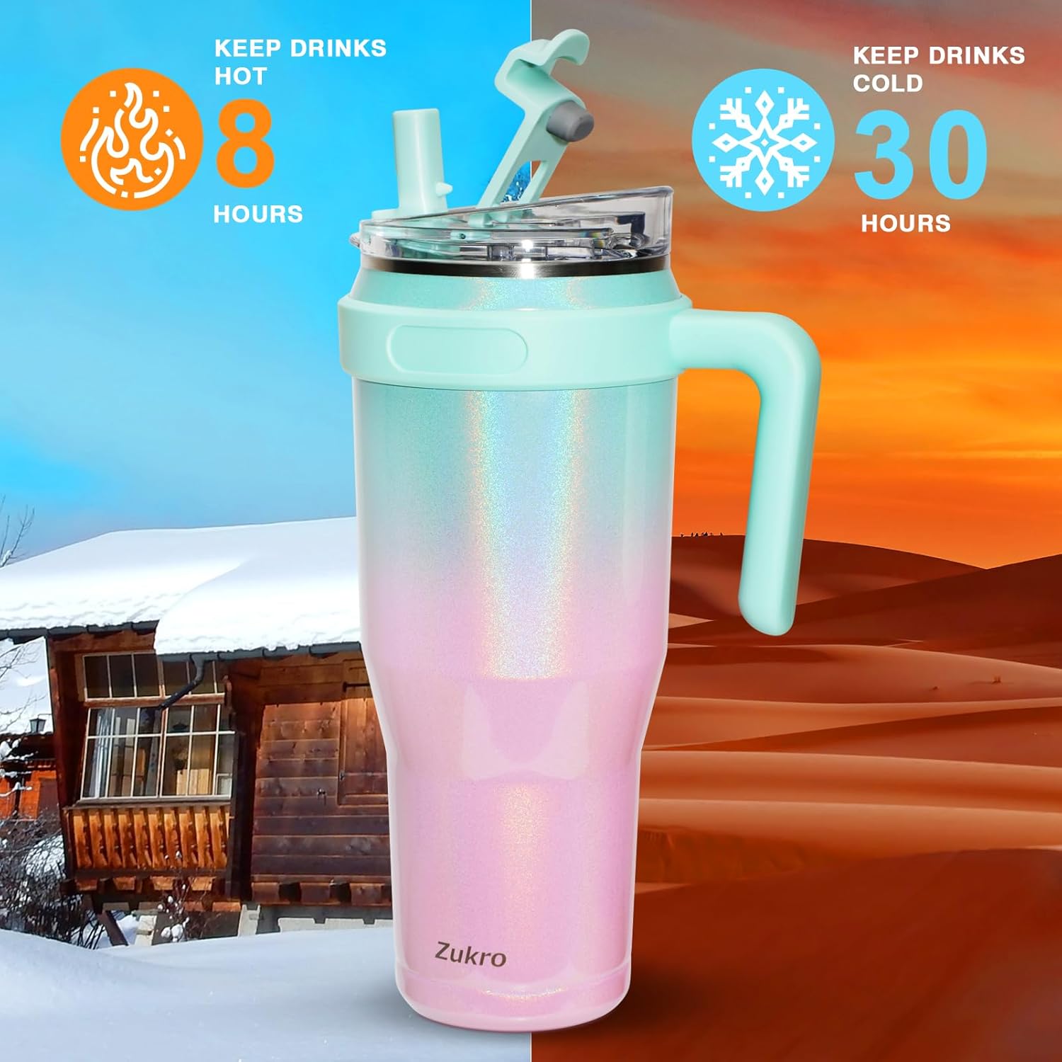Vaso de 50 onzas con popote abatible y asa, vaso grande de acero inoxidable aislado a prueba de fugas con popote 2 en 1 y tapa para sorber, apto