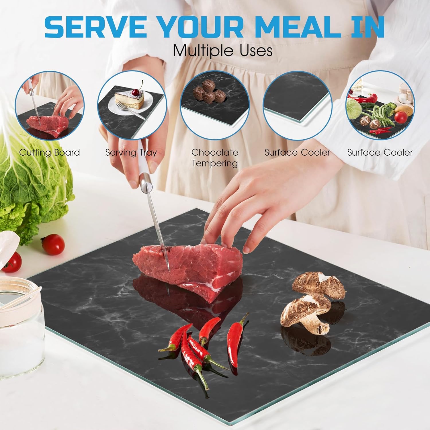 Tabla de cortar de vidrio templado para cocina, tabla de cortar negra de 16 x 12 pulgadas para encimera, tapete decorativo de cocina, resistente a