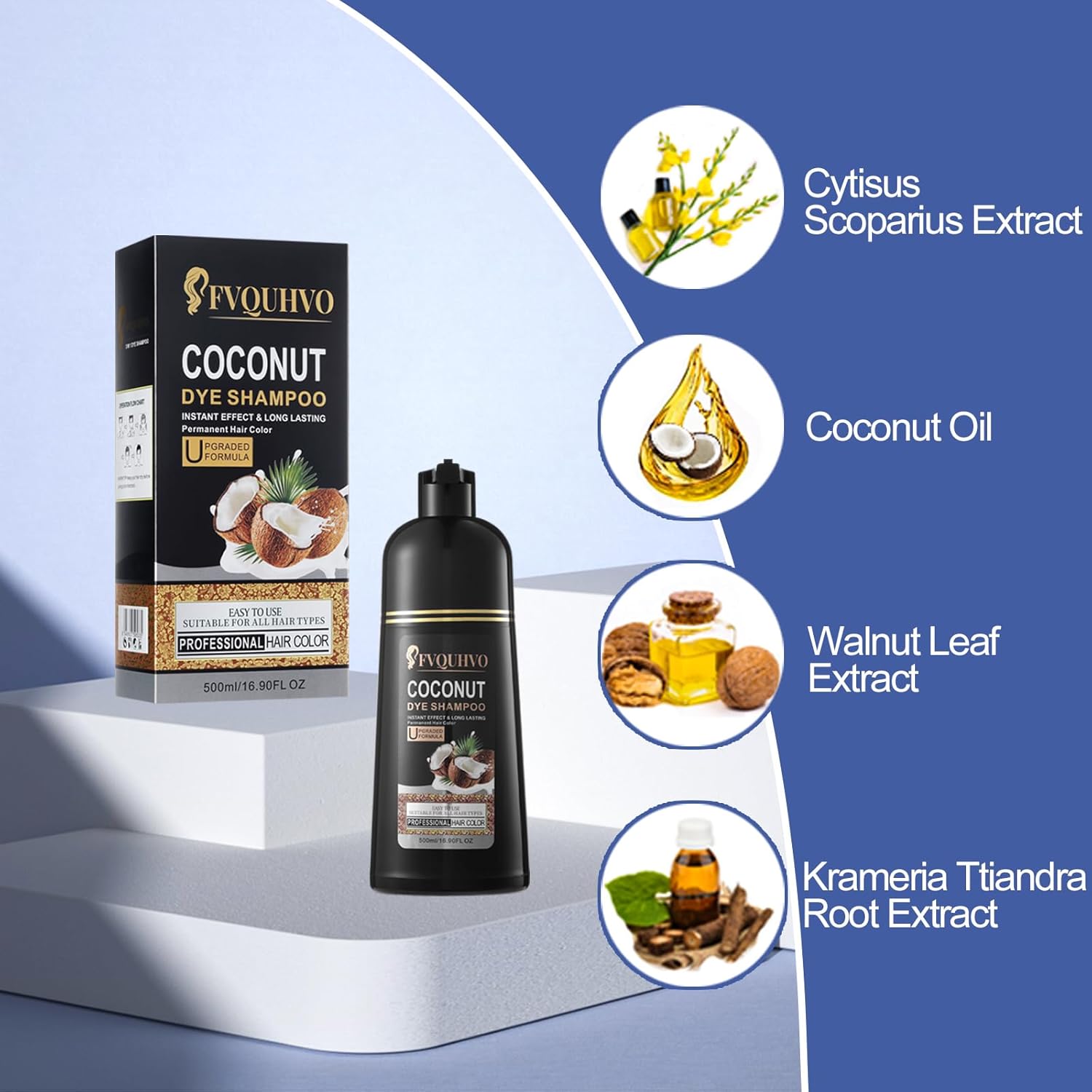 Champú de tinte para el cabello 3 en 1, tinte para el cabello con aceite de coco, champú de color para el cabello para mujeres y hombres, champú