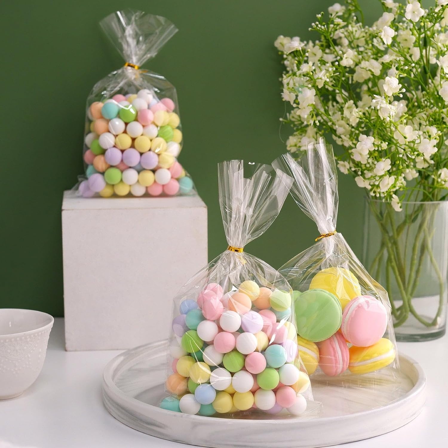 Efavormart – 100 bolsas de celofán transparente de 6 x 10 pulgadas con lazos metálicos dorados, bolsas de dulces para dulces, panadería, galletas,