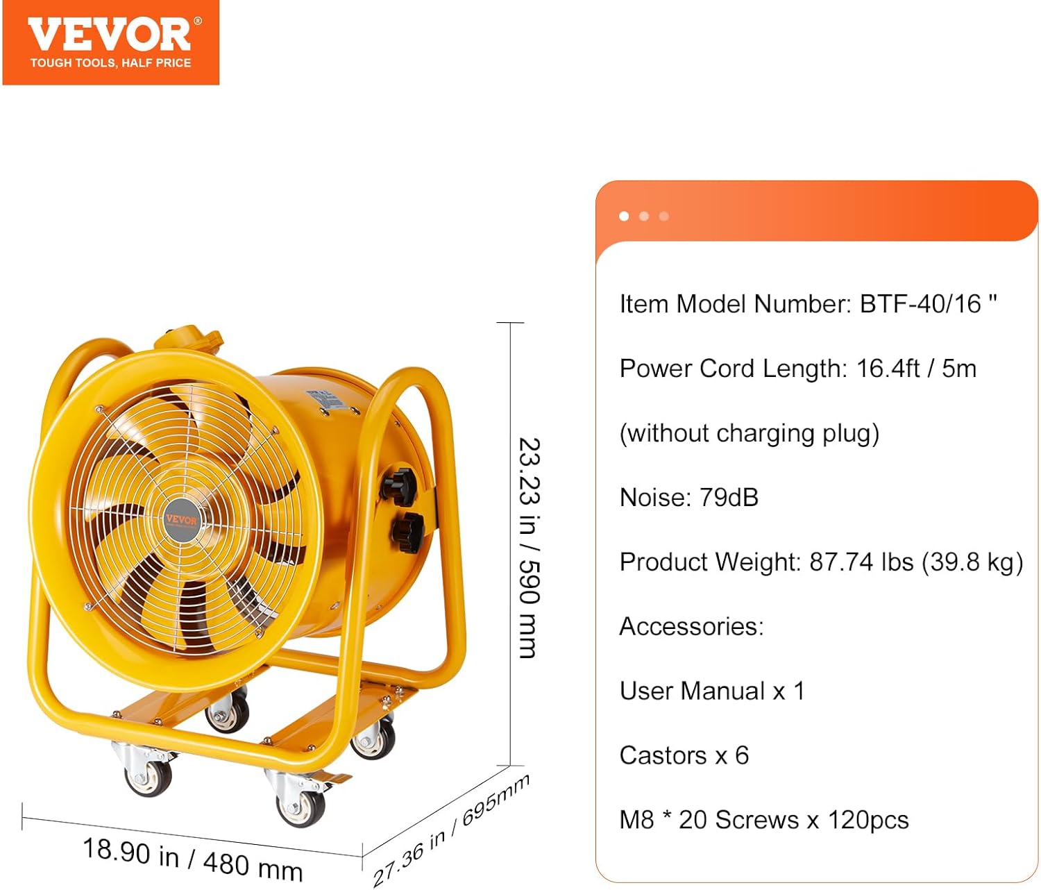 VEVOR Ventilador portátil a prueba de explosiones de 16 pulgadas, ventilador de escape de cilindro resistente de 4240 CFM con cable de alimentación