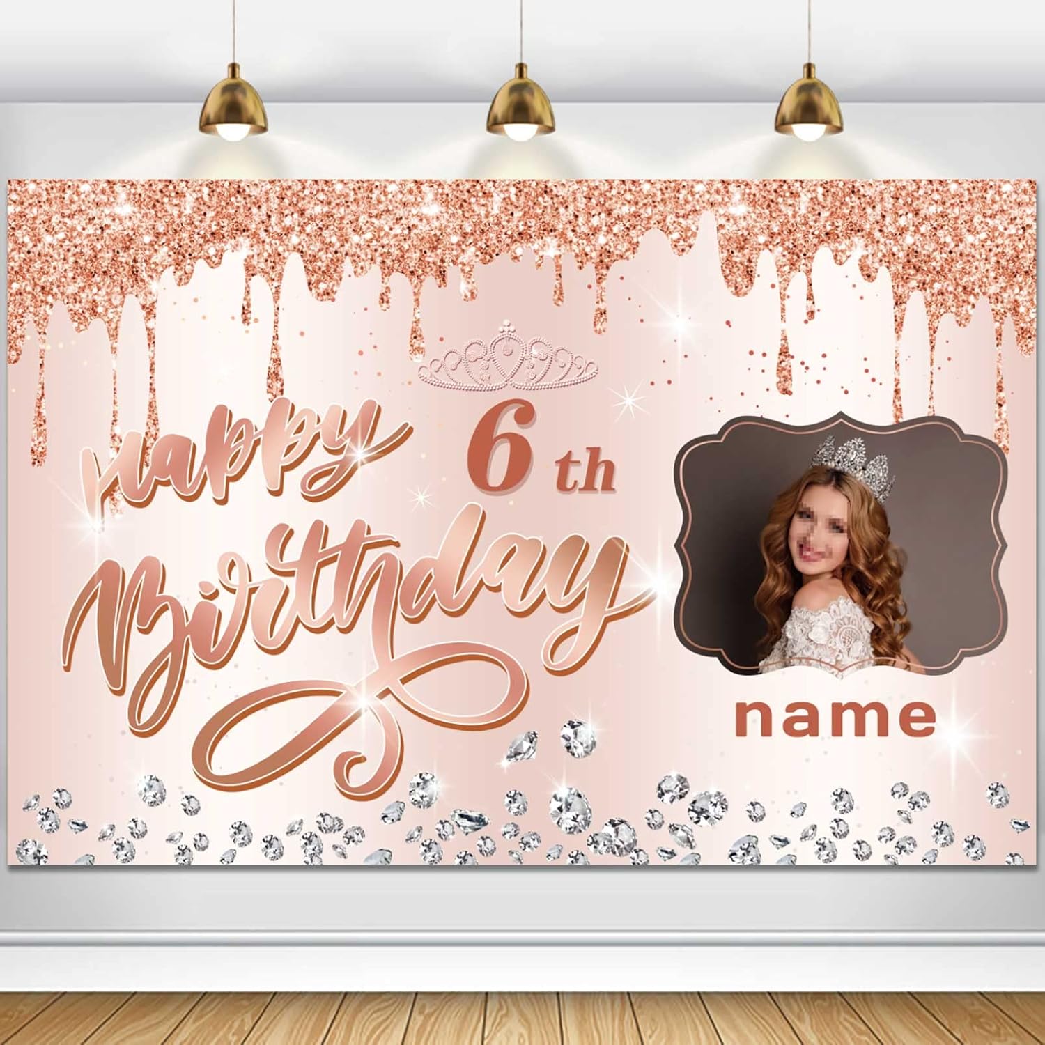 Cartel personalizable de decoración de feliz cumpleaños número 6, color oro rosa, personalizado con nombre y foto