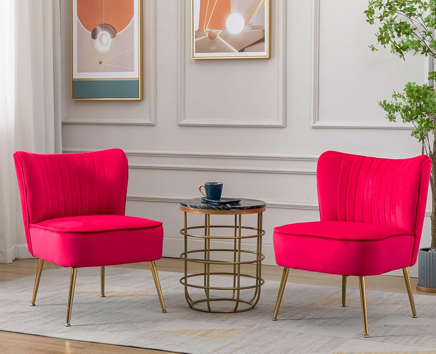 Juego de 2 sillas decorativas de terciopelo modernas tapizadas con patas doradas, cómodas sillas laterales sin brazos con respaldo de ala, sillas
