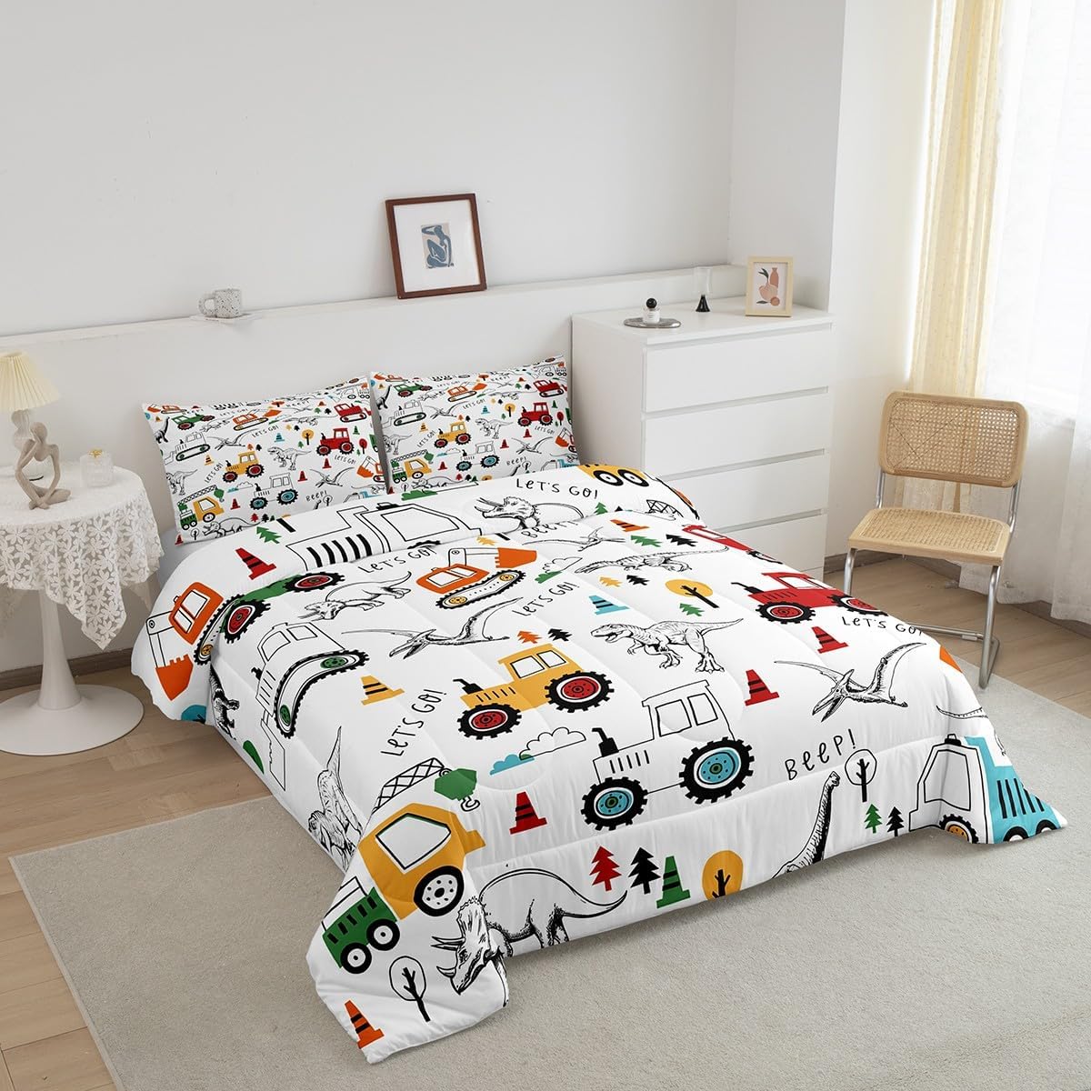 Feelyou Juego de ropa de cama de construcción, tamaño individual, juego de edredón de dinosaurio de la selva, equipo de camiones, juego de edredón