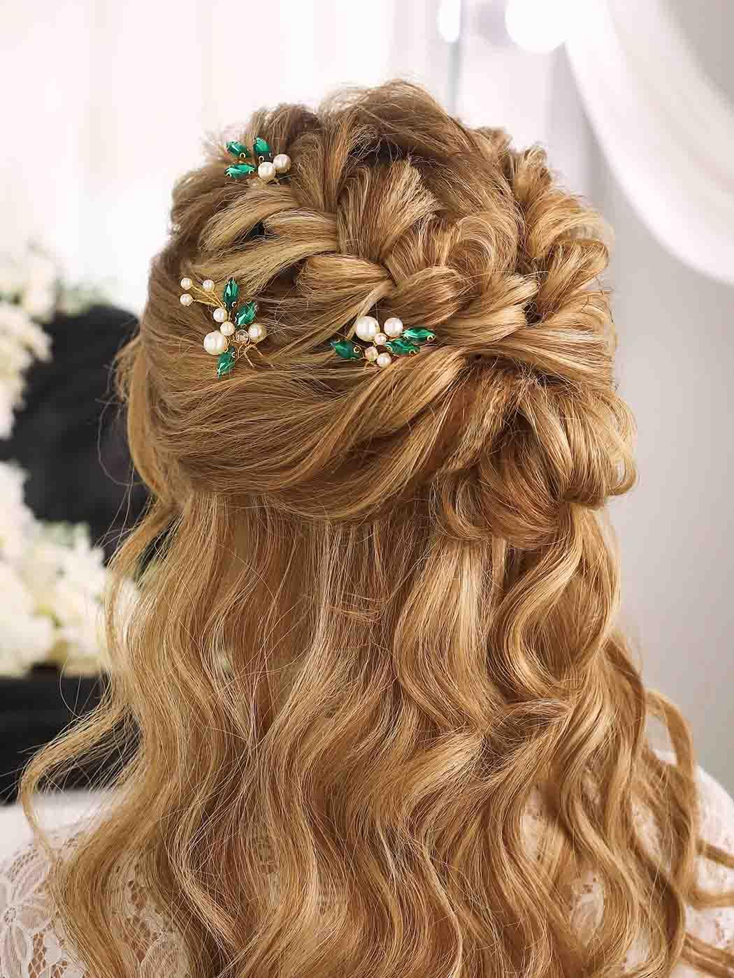 Casdre Horquillas para el pelo de perlas doradas y verdes con diamantes de imitación para novias, accesorios para el cabello de boda para mujeres y
