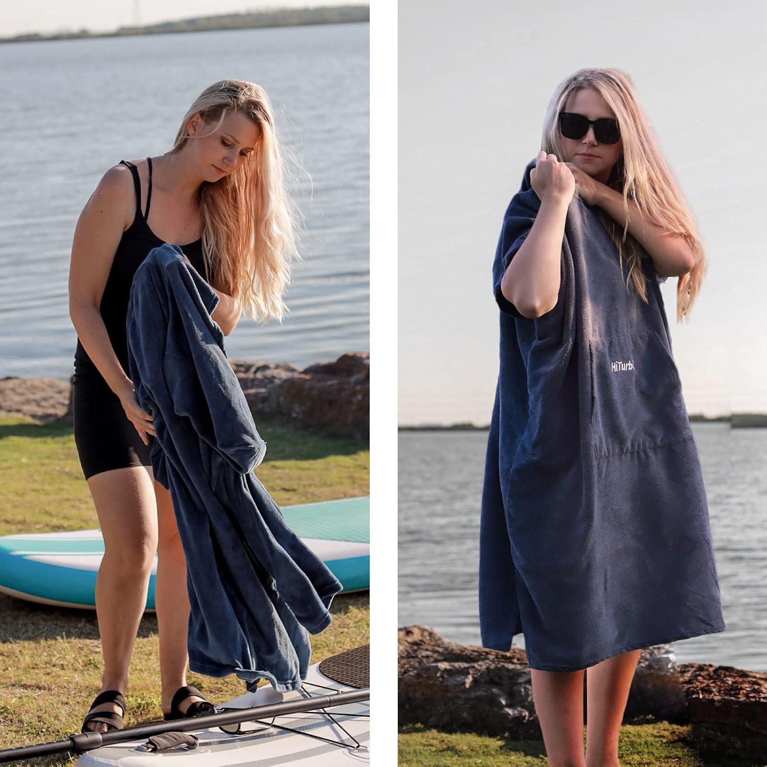 Hiturbo Bata de felpa cambiante, manta mullida para llevar, toalla suave con capucha de gran tamaño, poncho de surf con bolsillo para deportes