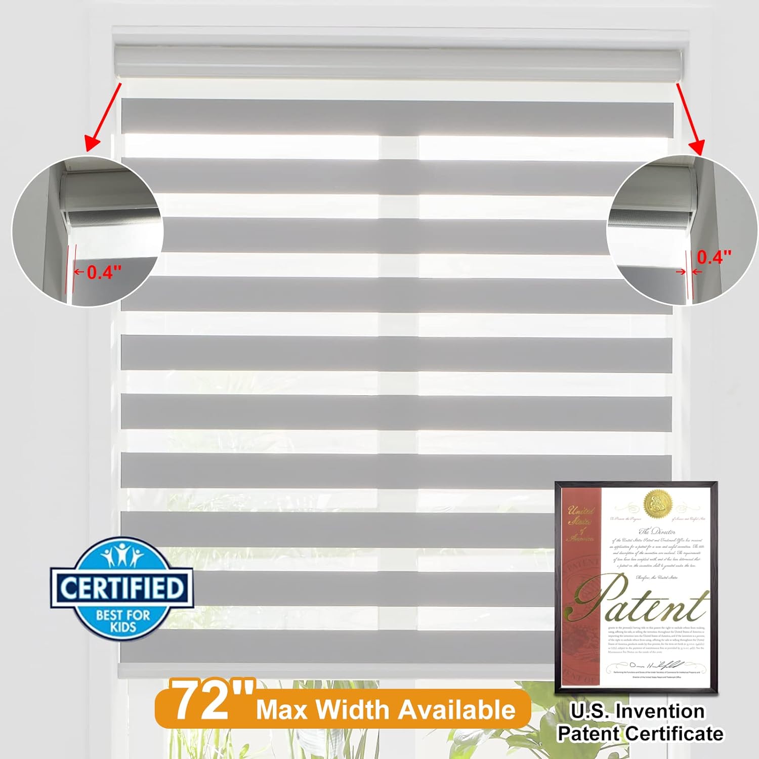 Persilux Persianas estilo cebra sin cordones para ventanas (70 pulgadas de ancho x 47 pulgadas de alto, gris), persianas de doble capa con control