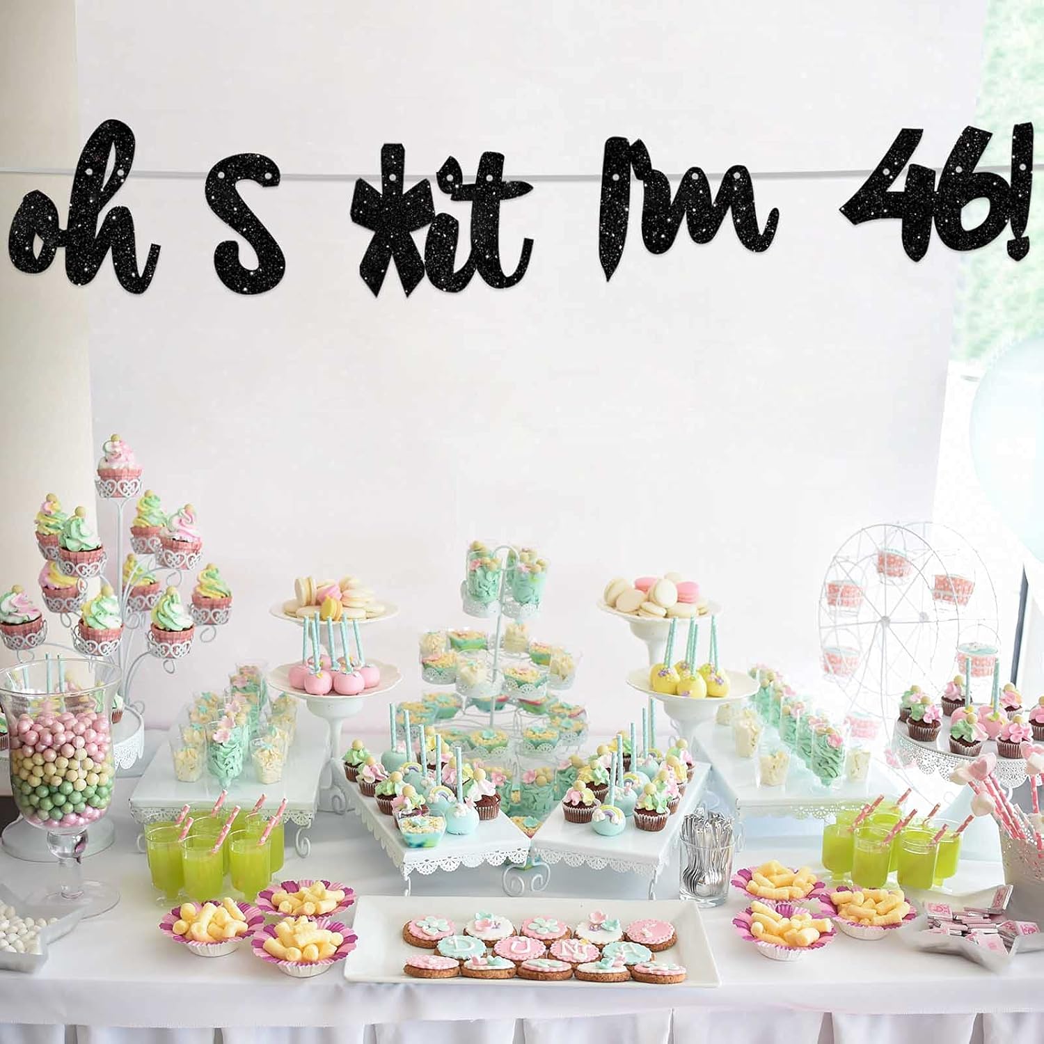 Oh I’m 46! – Fondo de pancarta con purpurina negra de Hallo de cuarenta y seis saludos a 46 años de edad, decoración temática para hombre y mujer,