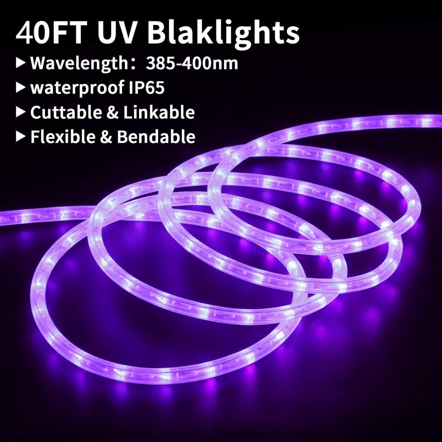Tira de luces LED negras de 40 pies, impermeable, 432 LED, flexible, cortable, tira de luz negra de 110 V conectable para fiesta brillante,