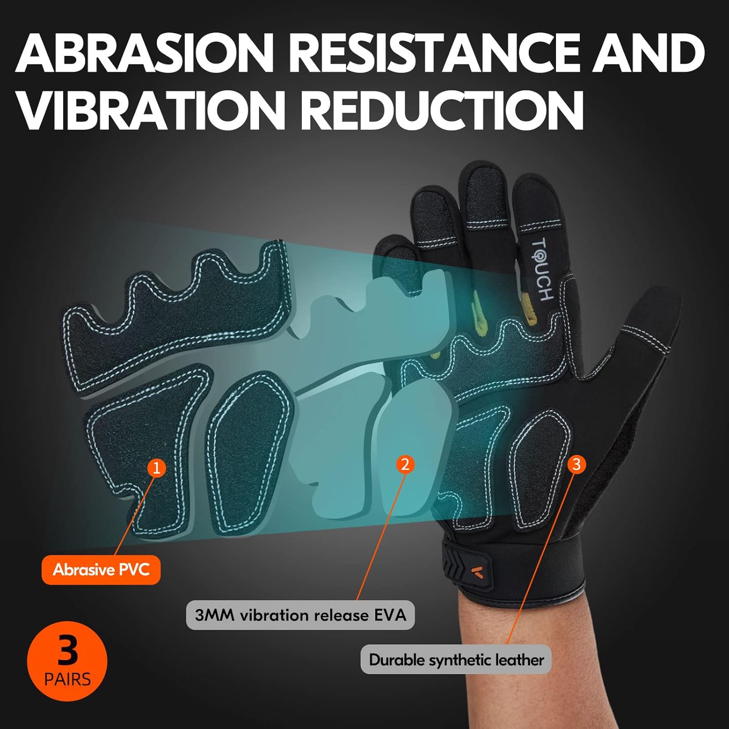 Vgo – 3 pares de guantes sintéticos para protección de impactos, para mecánicos y perforadores, alta destreza, reduce vibraciones, compatibilidad