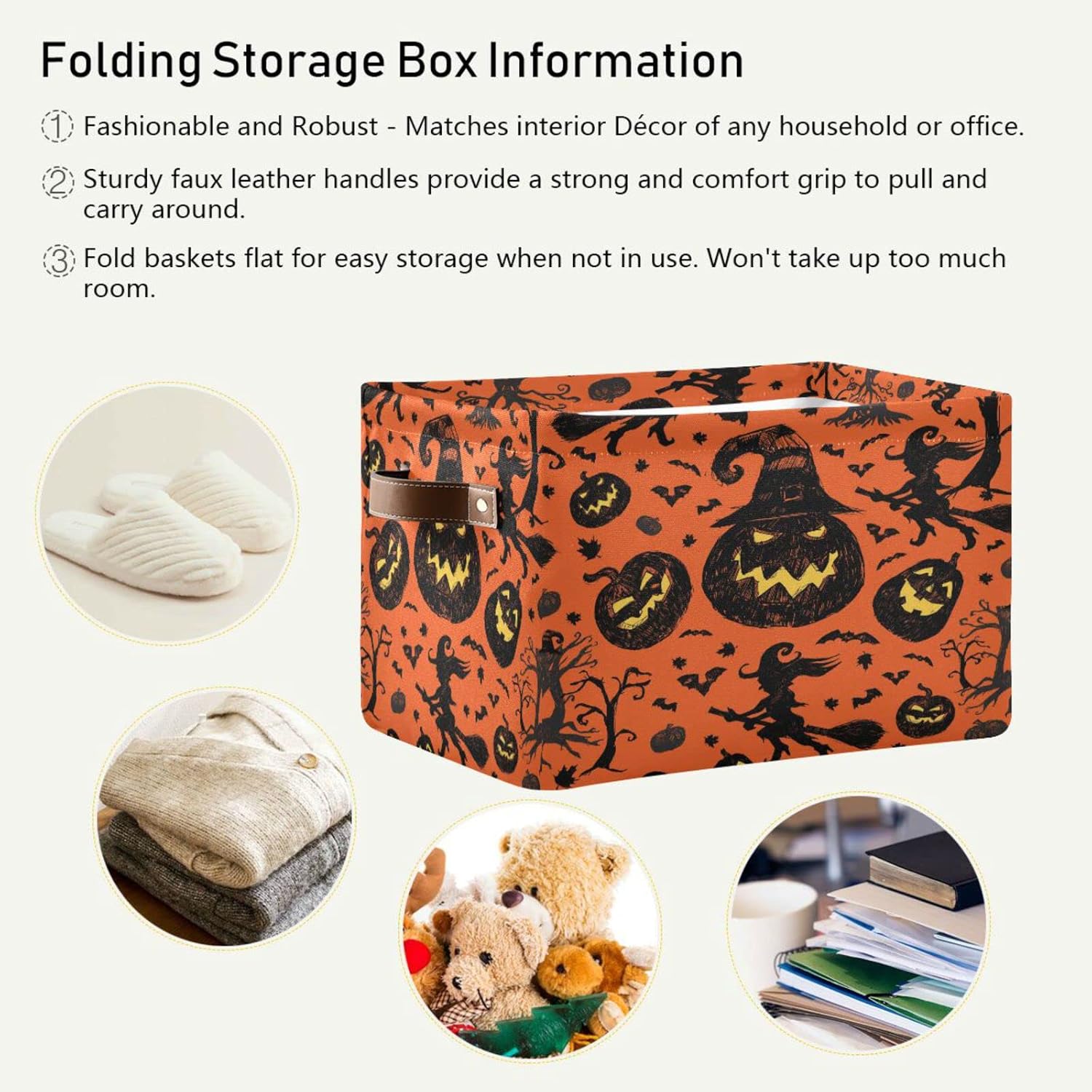 Wusikd Cesta de almacenamiento de Halloween naranja y negra, juego de 1 canasta grande de tela de calabaza y bruja, cubo con asas, plegable, estante