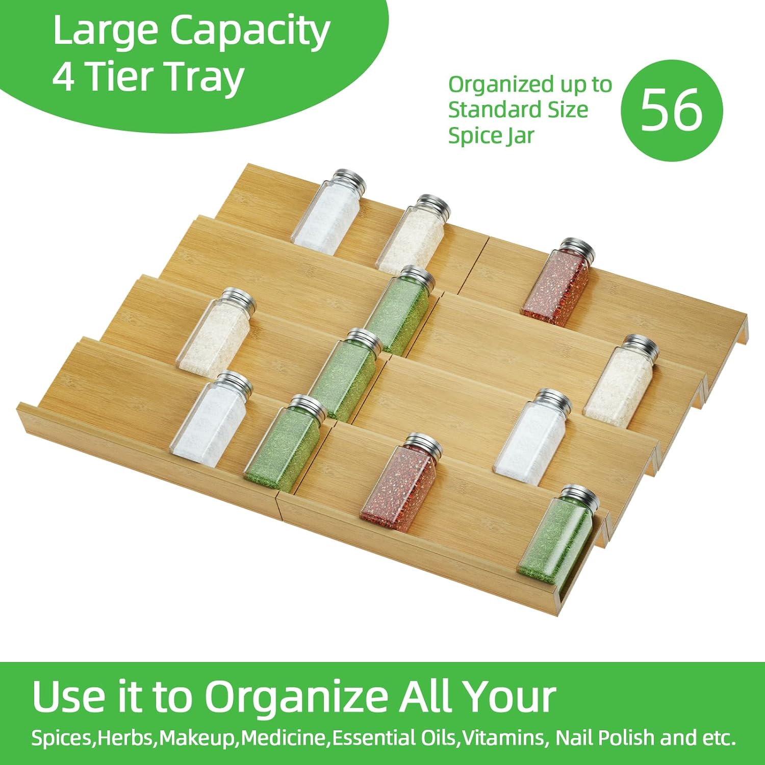 BulkPanda Organizador de cajones de bambú para especias, 10 tarros de almacenamiento de especias para condimentos, organizador de cajones, juego de