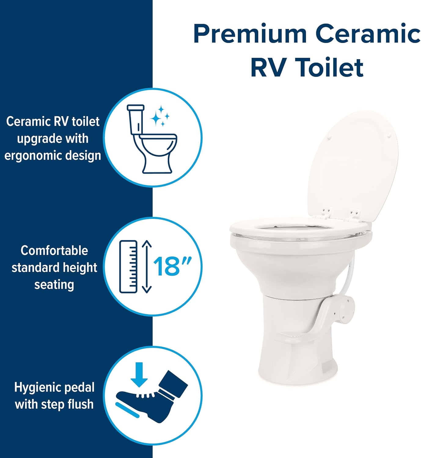 Camco Inodoro de cerámica prémium para cámper o caravana, cuenta con sistema de descarga por gravedad con práctico pedal de pie, diseño ergonómico