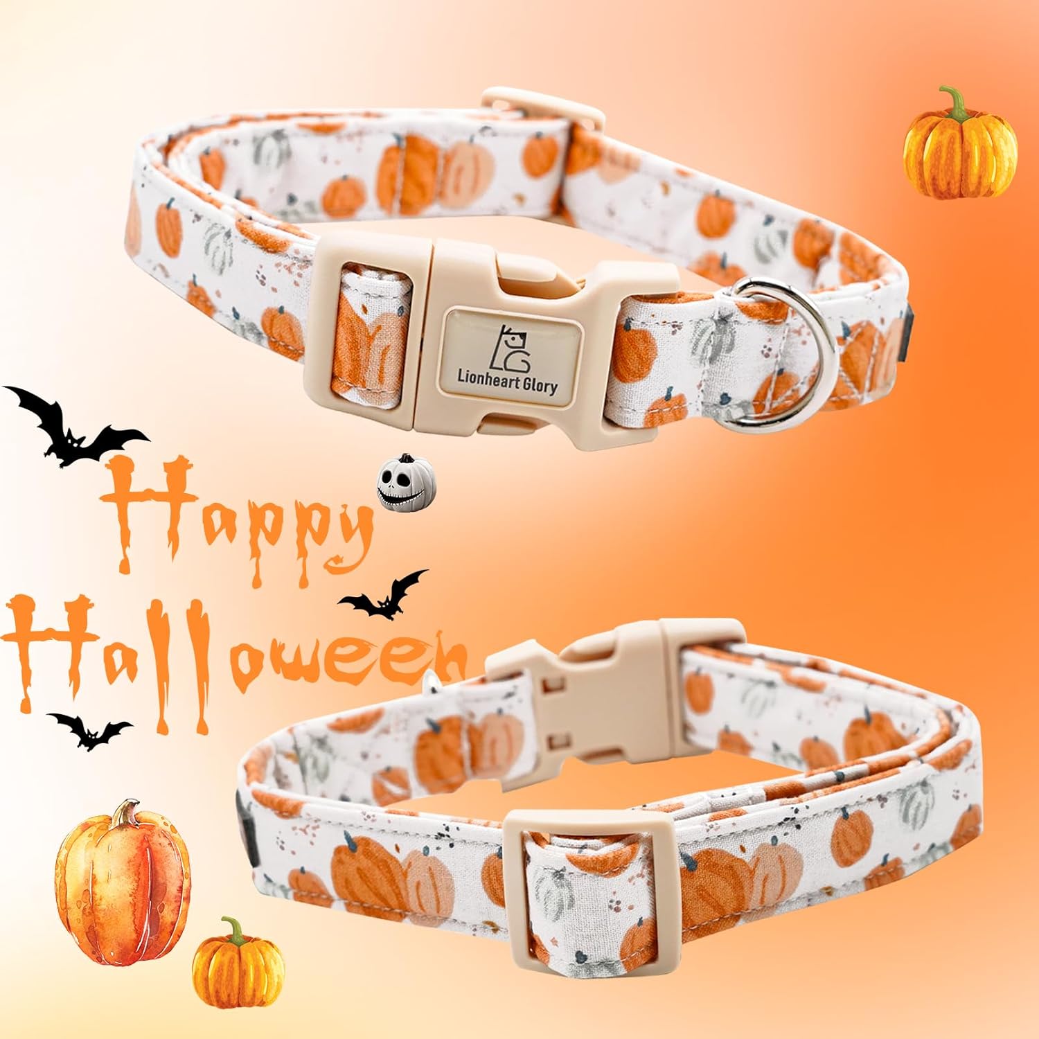 Lionheart glory Collar de Halloween para perro, collar de otoño, collar de calabaza, ajustable, resistente, para perros pequeños