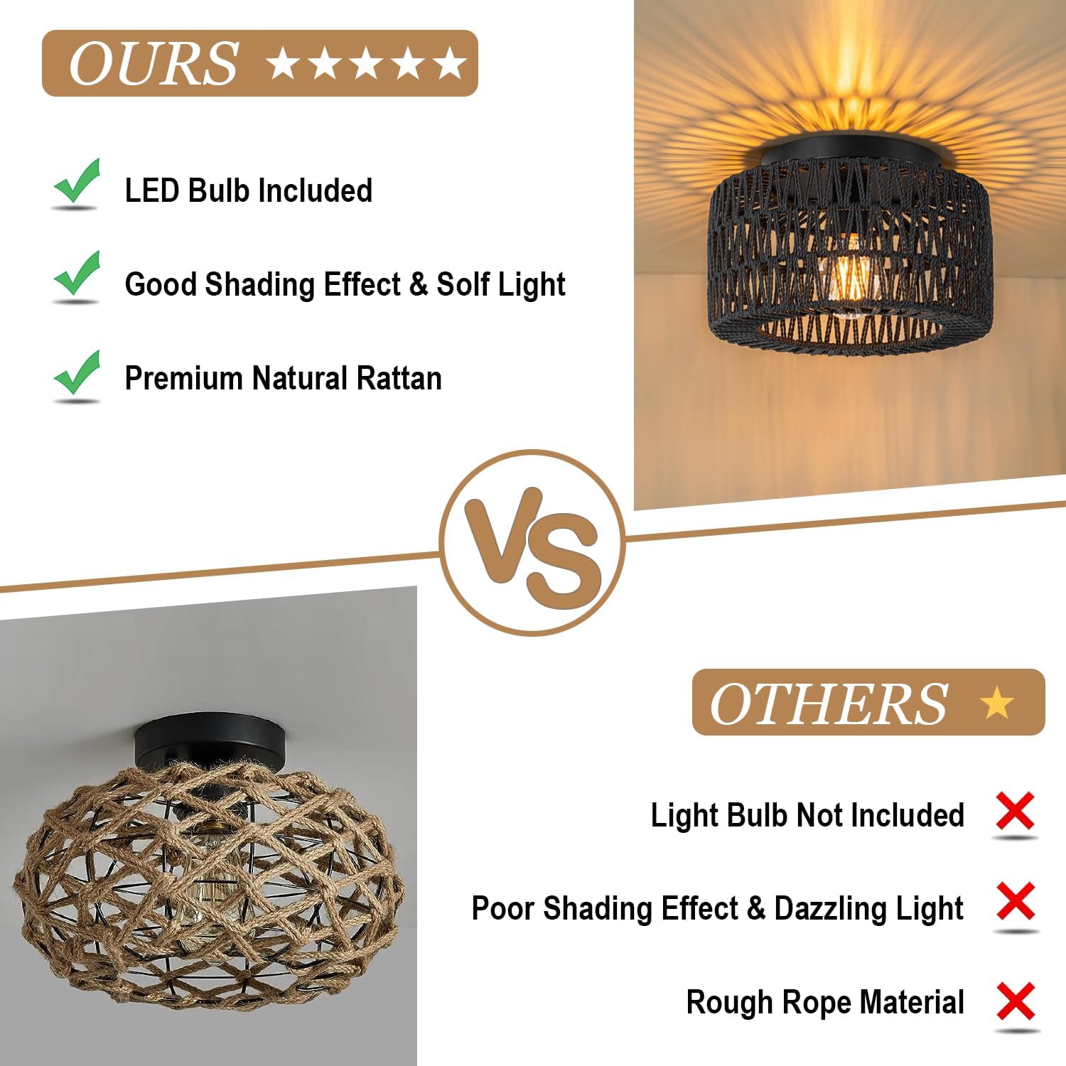Lámpara de techo de ratán (12 pulgadas, bombilla LED incluida), lámpara de techo bohemia tejida a mano para pasillo, cocina, granja, vestíbulo,