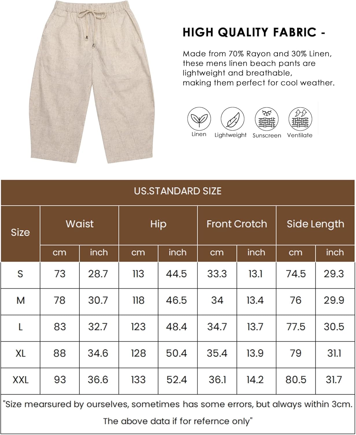COOFANDY Pantalones capri harén de lino para hombre, casuales, ligeros, con cordón, pantalones de yoga, holgados, 34, pantalones de playa