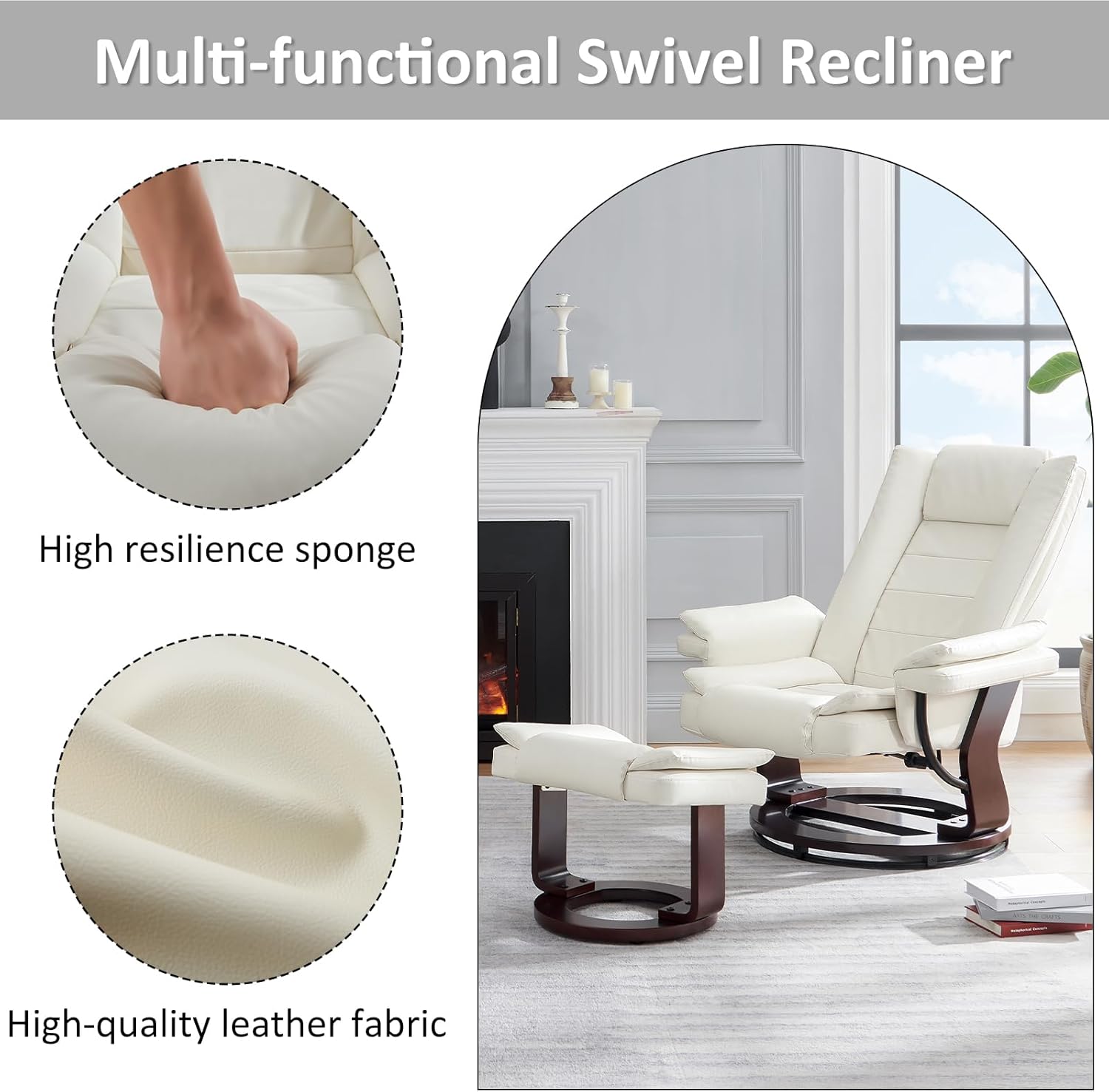 Silla reclinable con otomana giratoria de 360 grados de piel, con reposapiés, silla decorativa de cuero con base de madera para dormitorio, sala de
