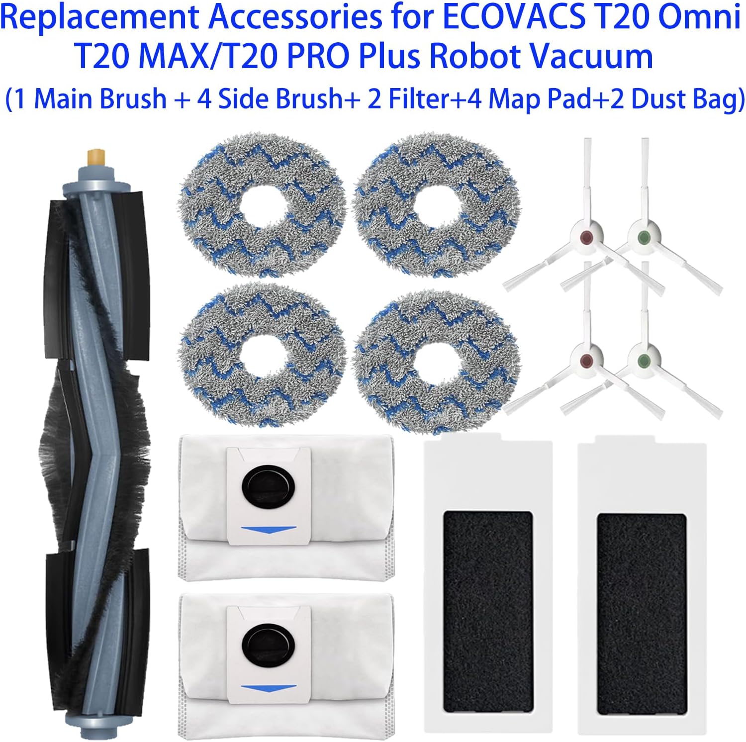 Deebot Serie T20 Accesorios de repuesto para ECOVACS T20 OmniMAXPRO Plus Robot Aspirador 1 Cepillo Principal 4 Cepillos Laterales 2 Filtros 4