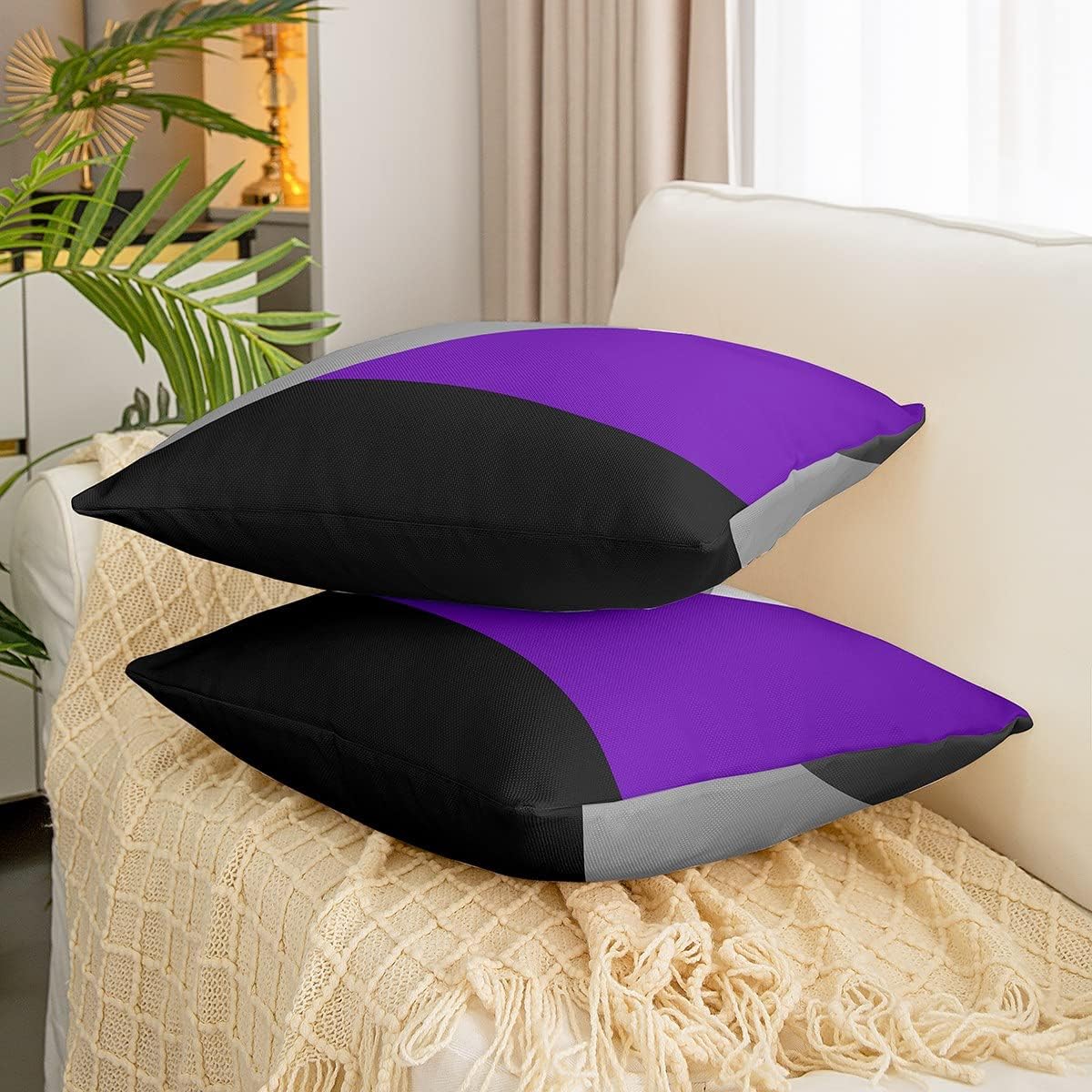 Erosebridal Juego de 2 fundas de cojín geométricas de retazos para mujer, color morado, negro, gris, gris, 18 x 18, fundas de almohada geométricas