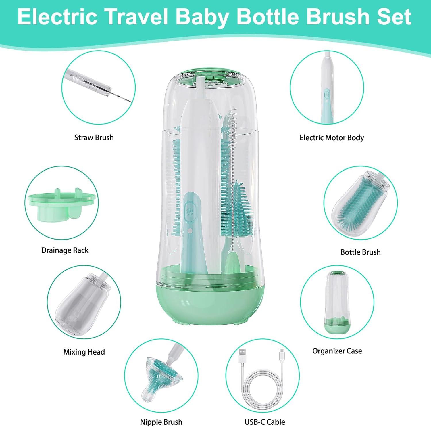 VSTM Juego de cepillos eléctricos para biberones de viaje, limpiador eléctrico de botellas, cepillo de silicona para botellas de agua, cepillo para