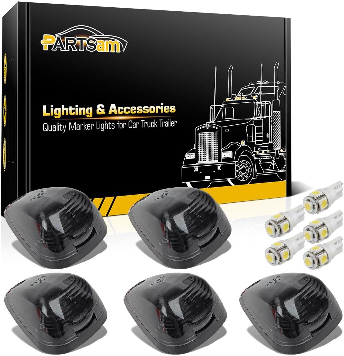 Partsam 5 lámparas de funcionamiento negras con lente ahumada para techo con luces LED blancas compatibles con Ford F150 F250 F350 F450 F550 F650