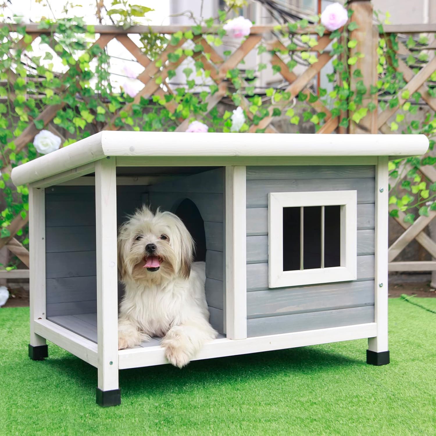Petsfit Casa de perro al aire libre de 33.6 pulgadas para perros pequeños, casa de madera resistente a la intemperie con porche