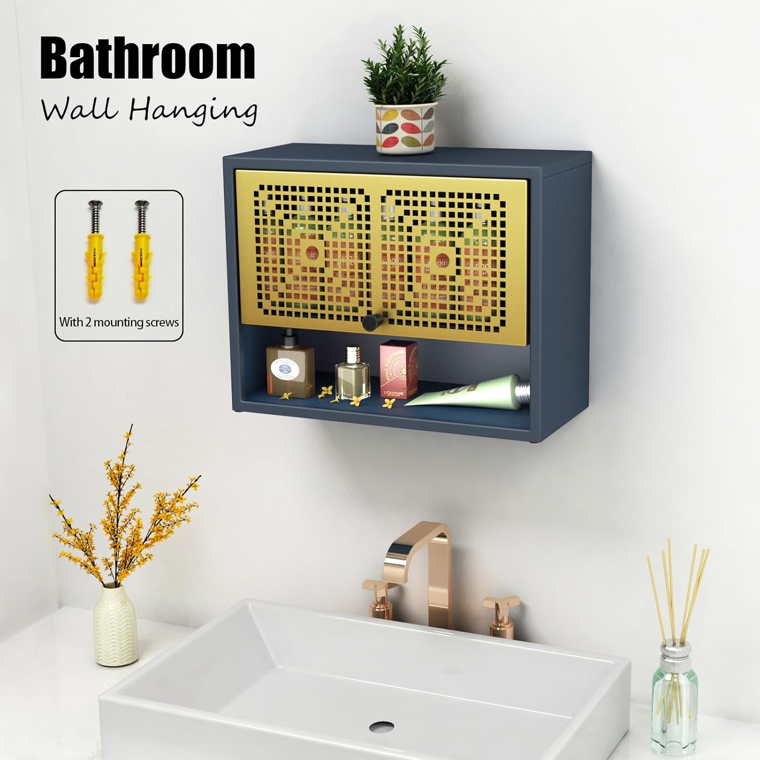 MIAO’ER Armario de pared de 2 niveles, gabinete de baño, botiquín, gabinete de cocina, puerta de metal con succión magnética con patrón de