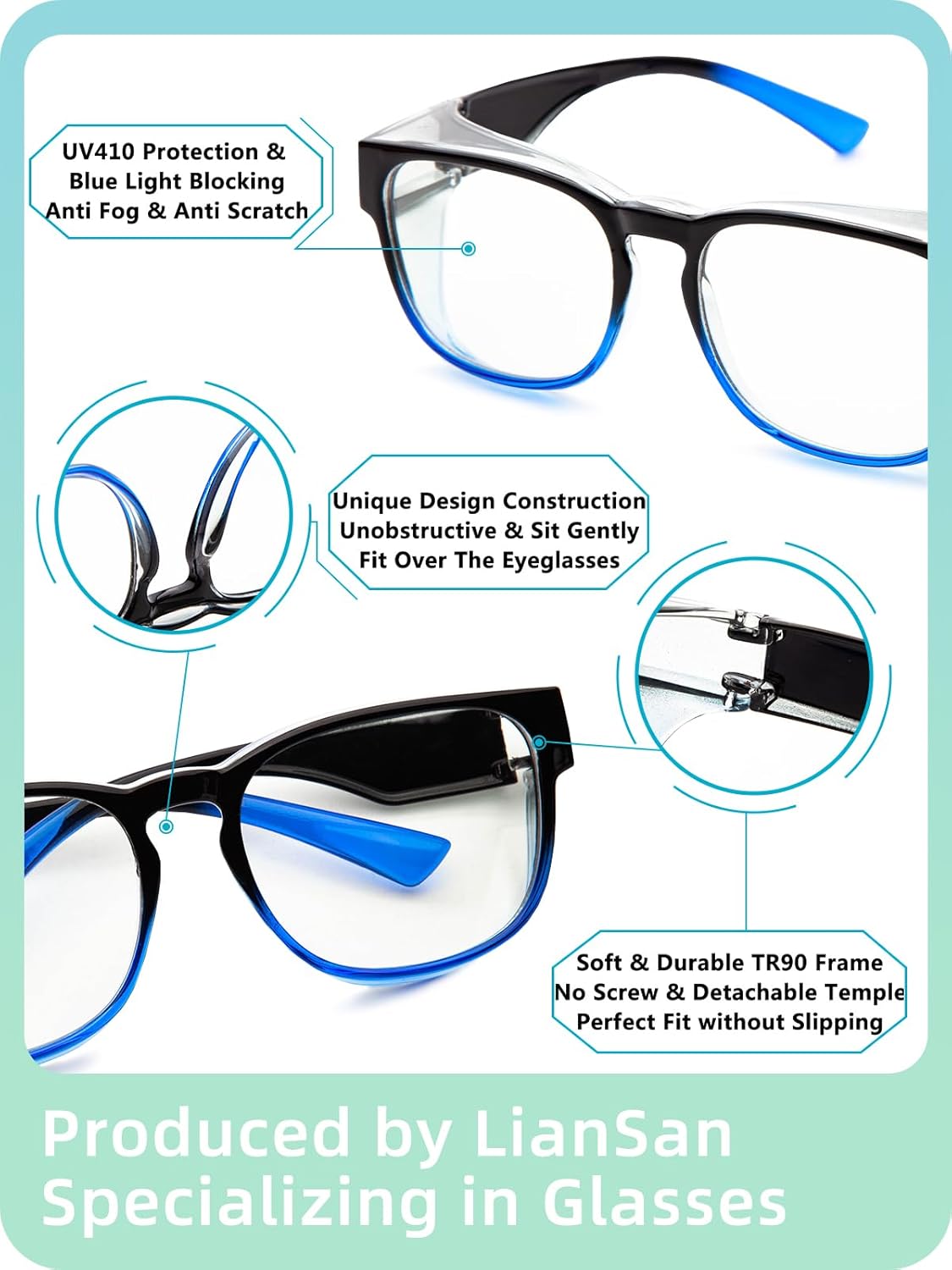 LianSan Anteojos de seguridad sobre anteojos para mujer  Gafas antivaho que se ajustan sobre gafas graduadas para ANSI Z87.1 certificado